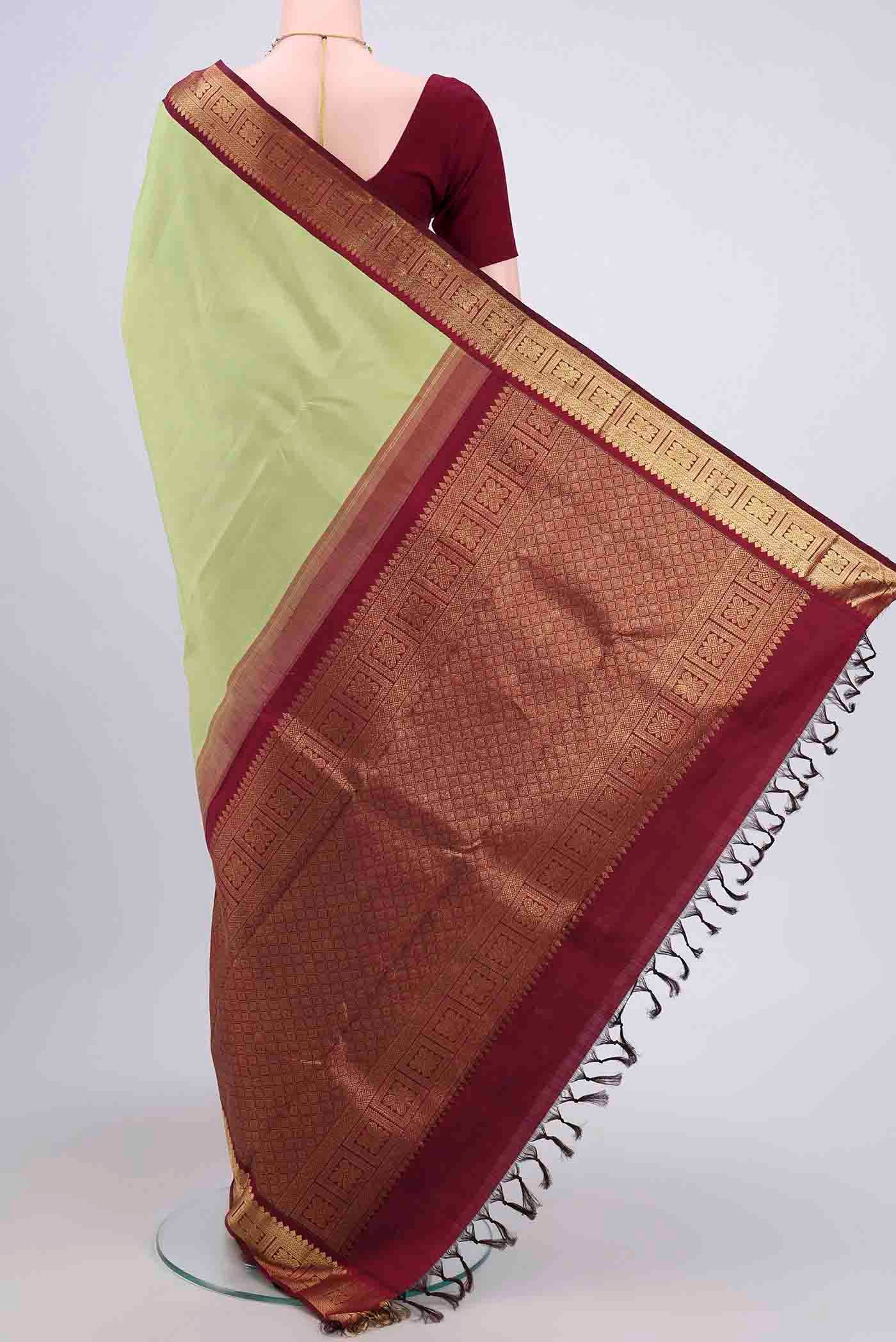Pure Silk Pure Zari Pista Green Kanjivaram Saree - Image 3