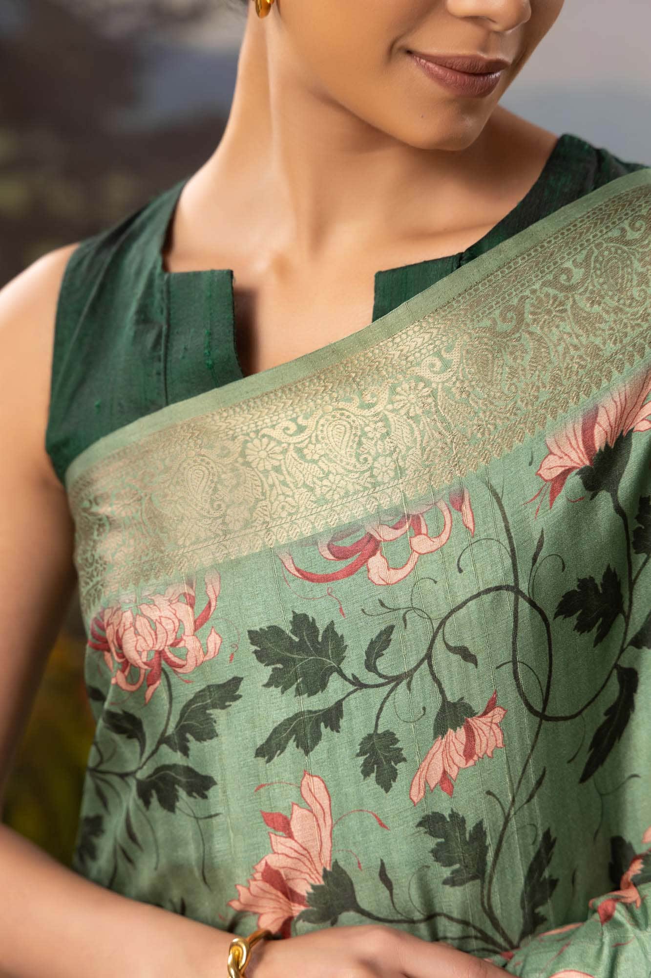 Bed of Flowers-Green Tussar Silk Saree - Image 3
