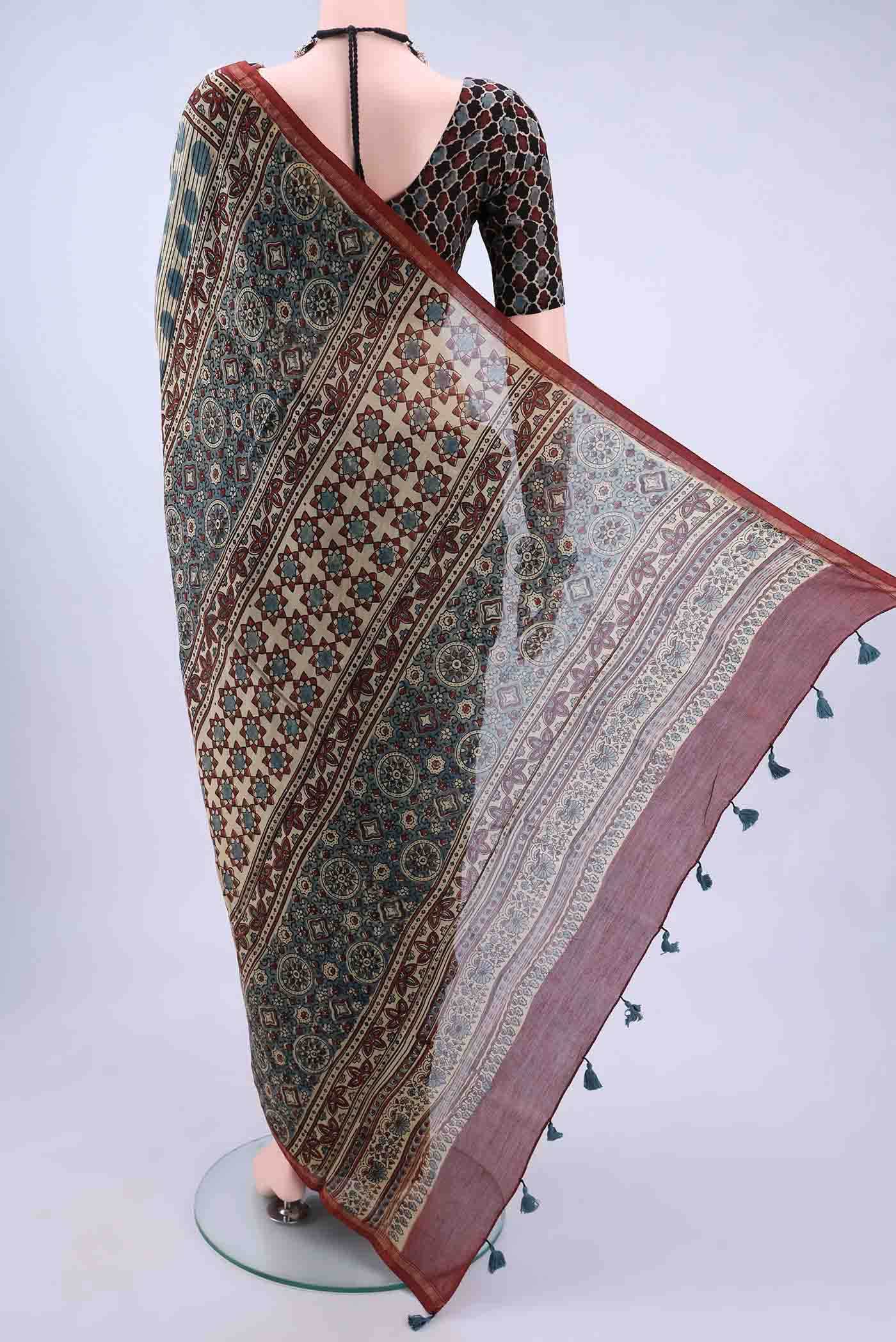 Beige Chanderi Silk Cotton Saree - Image 2