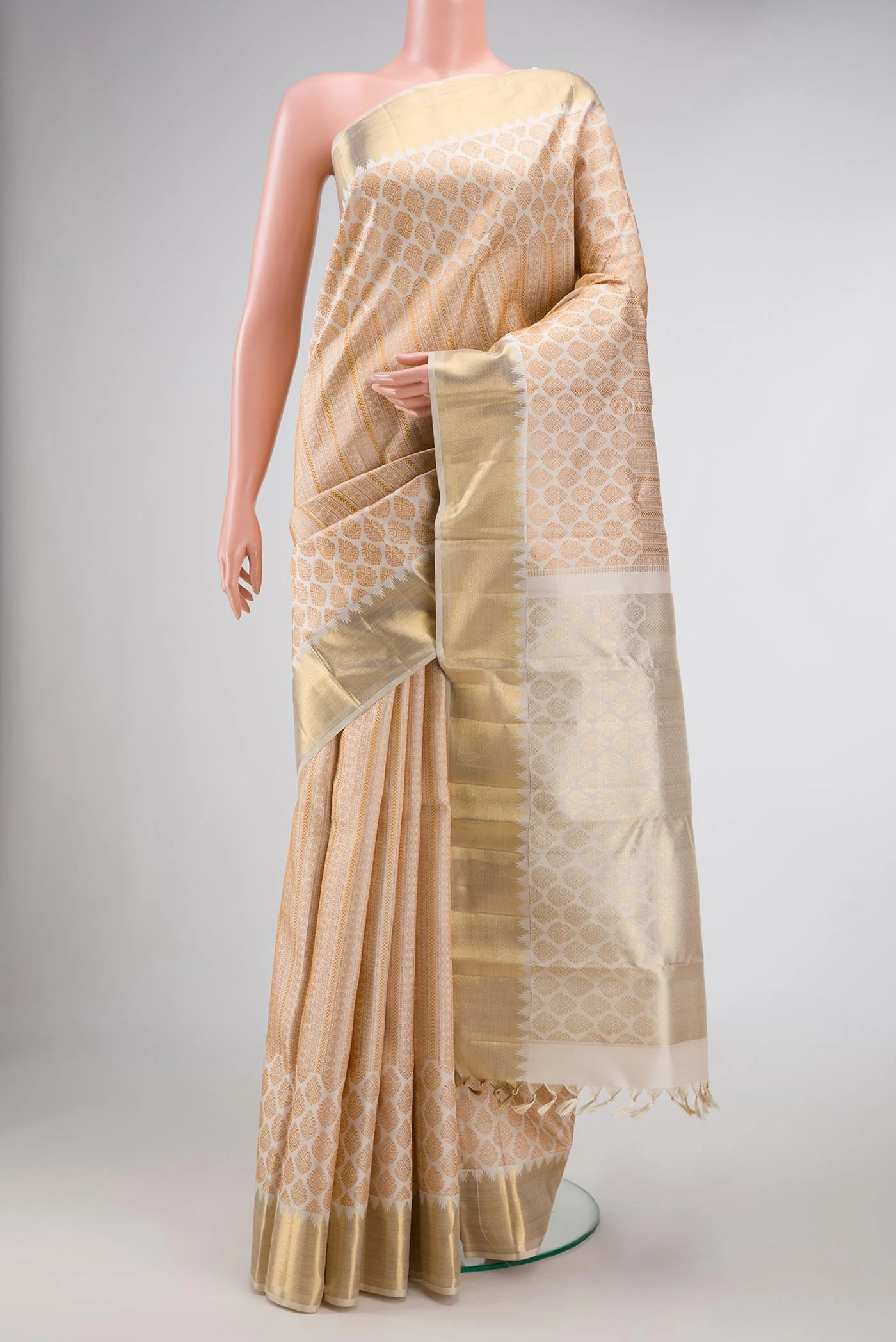 Pure Silk Pure Zari Cream Kanchipuram Saree