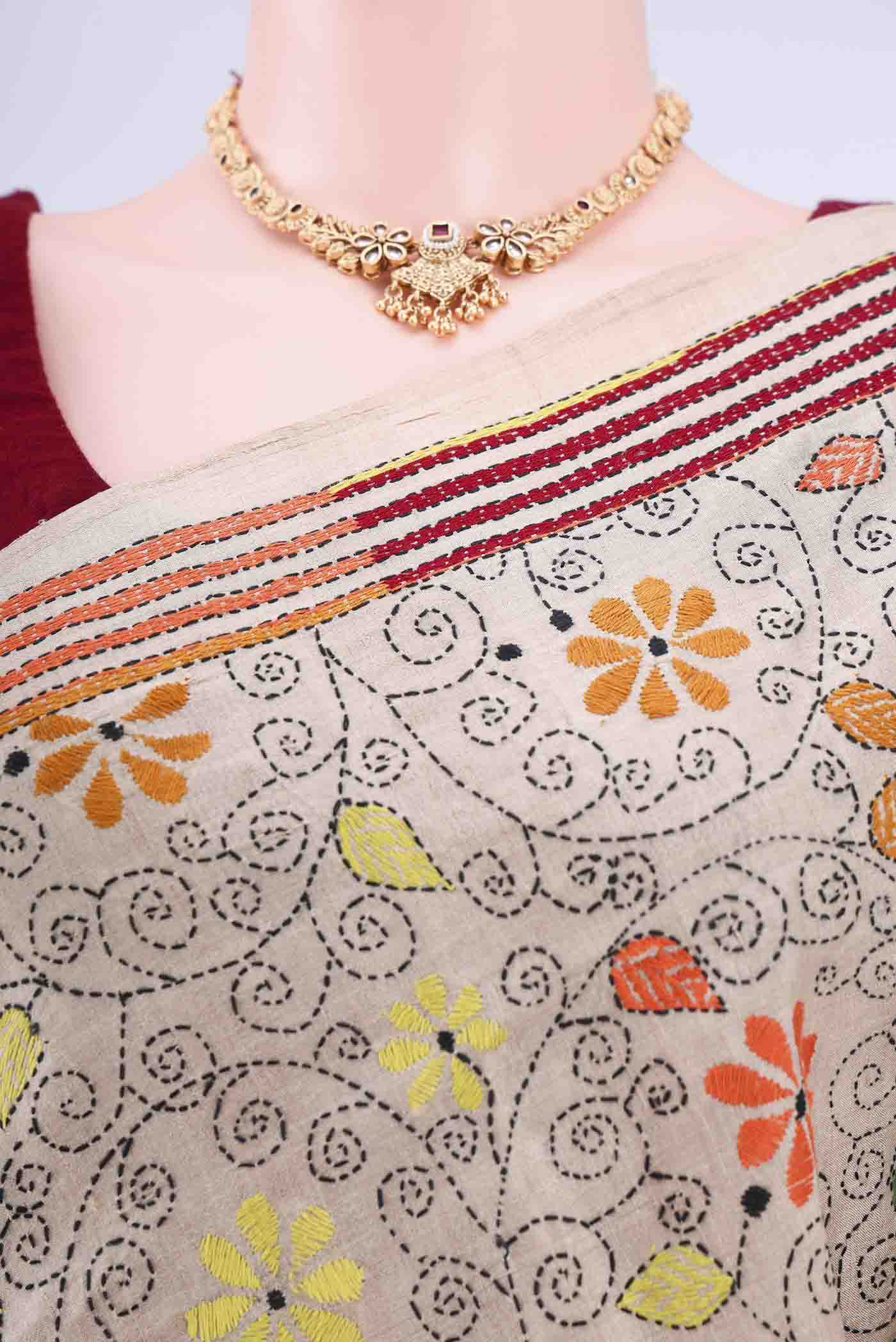 Beige Kantha Silk Saree - Image 2