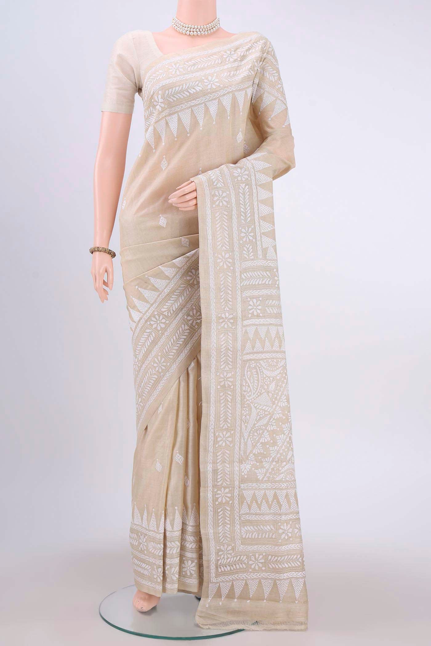 Beige Kantha Silk Saree