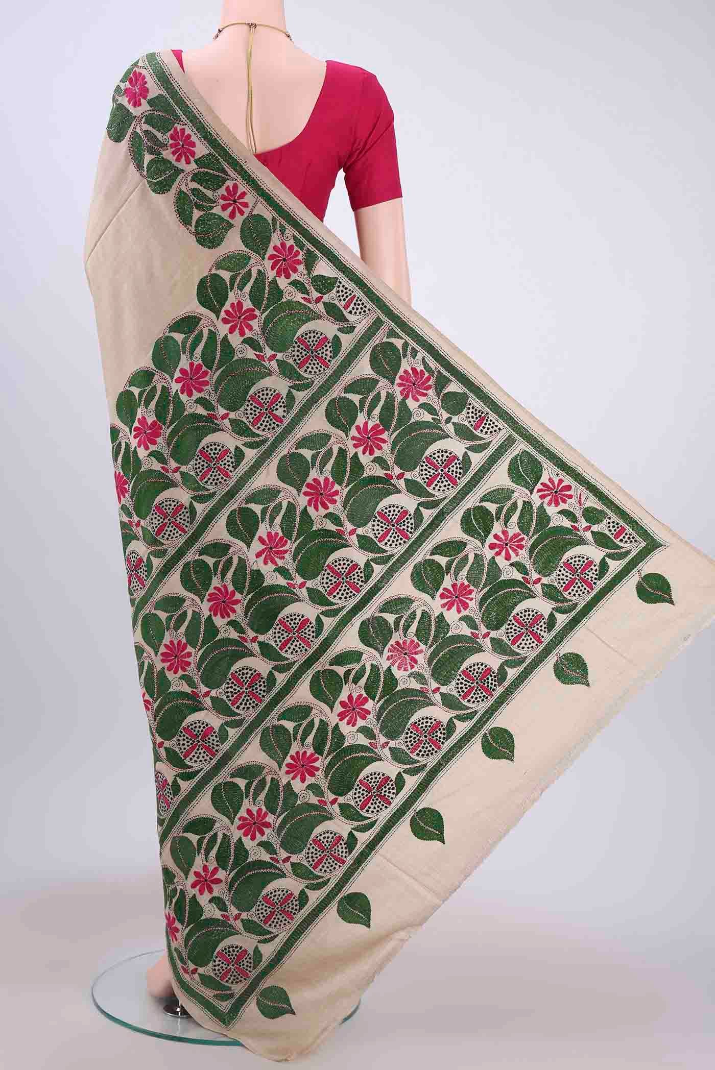 Beige Kantha Silk Saree - Image 3