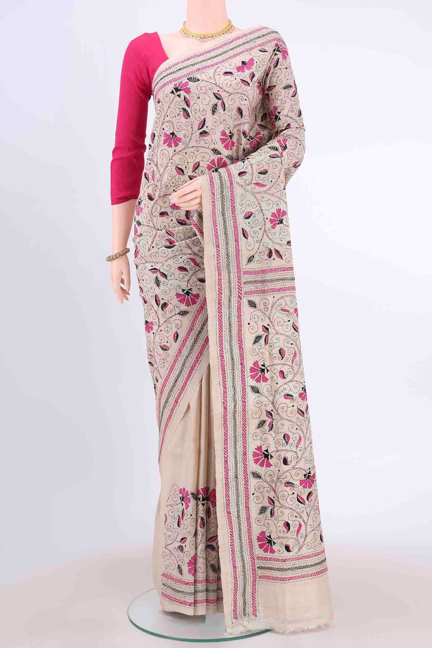 Beige Kantha Silk Saree