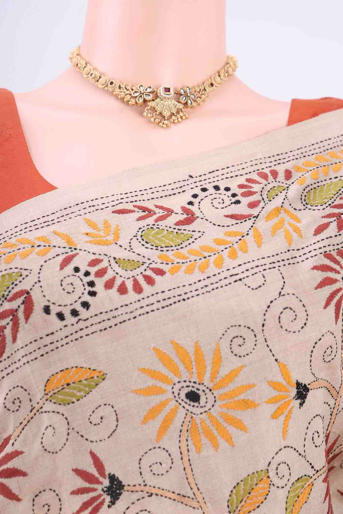 Beige Kantha Silk Saree - Image 2