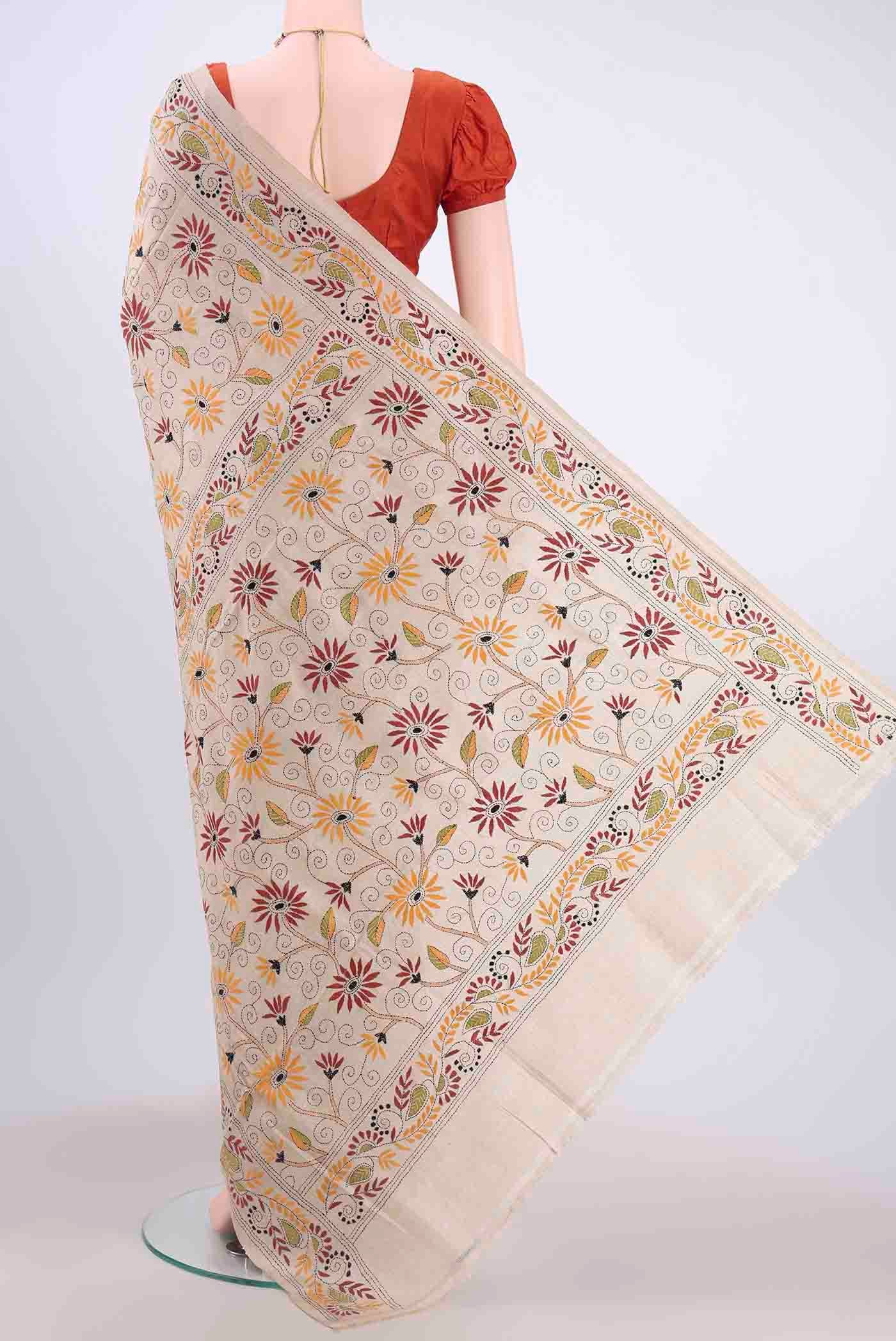 Beige Kantha Silk Saree - Image 3