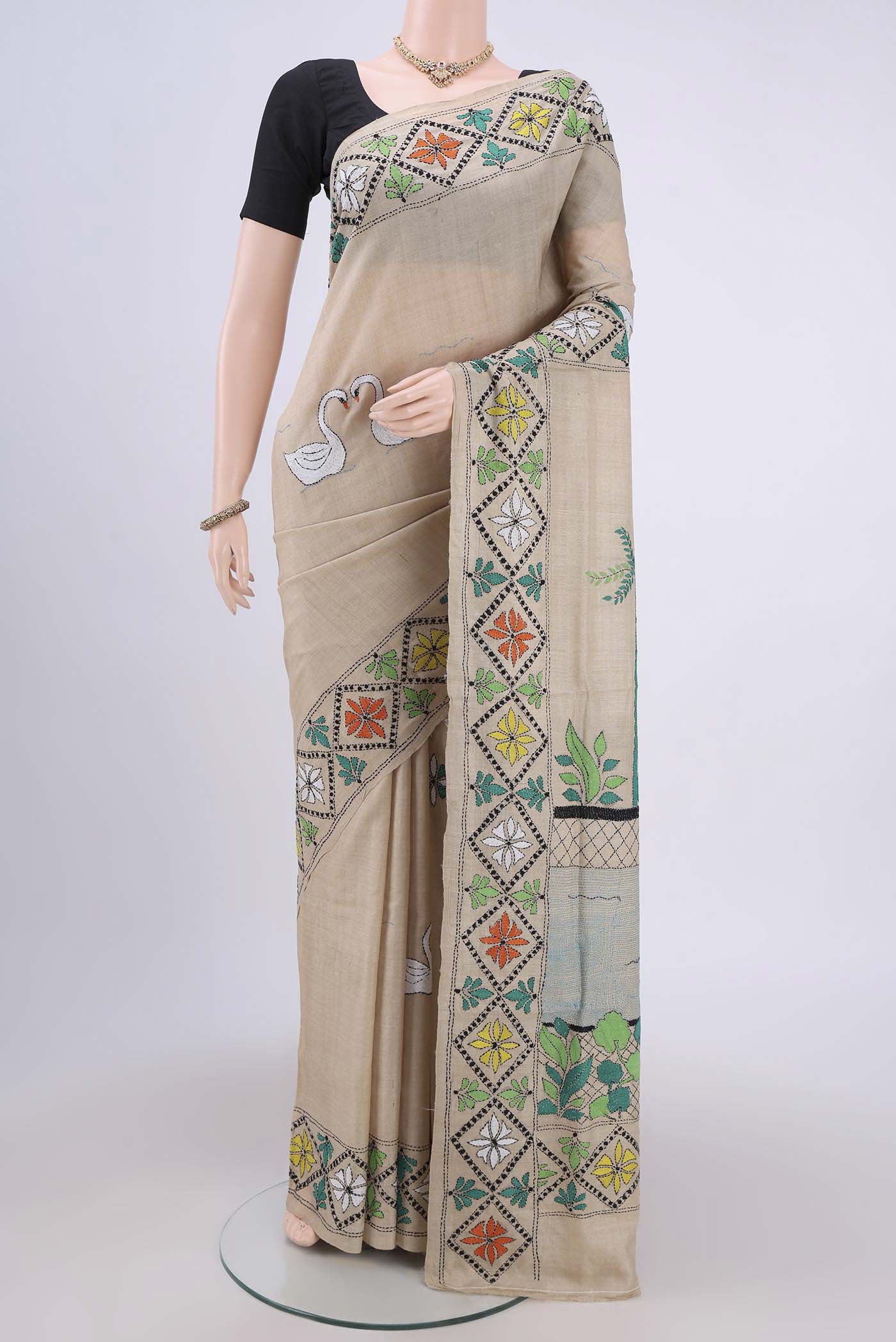 Beige Tussar Silk Saree