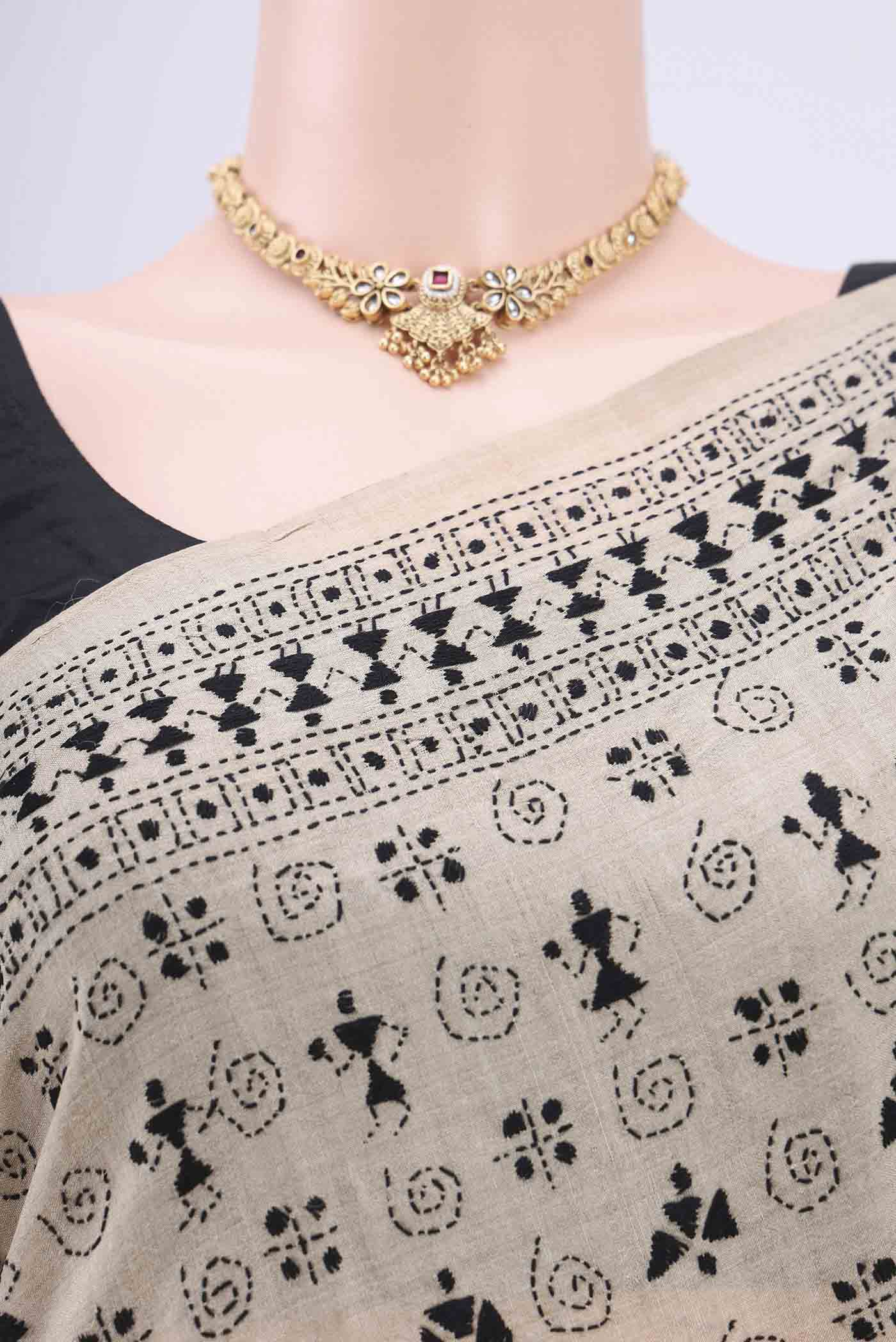 Beige Tussar Silk Saree - Image 2