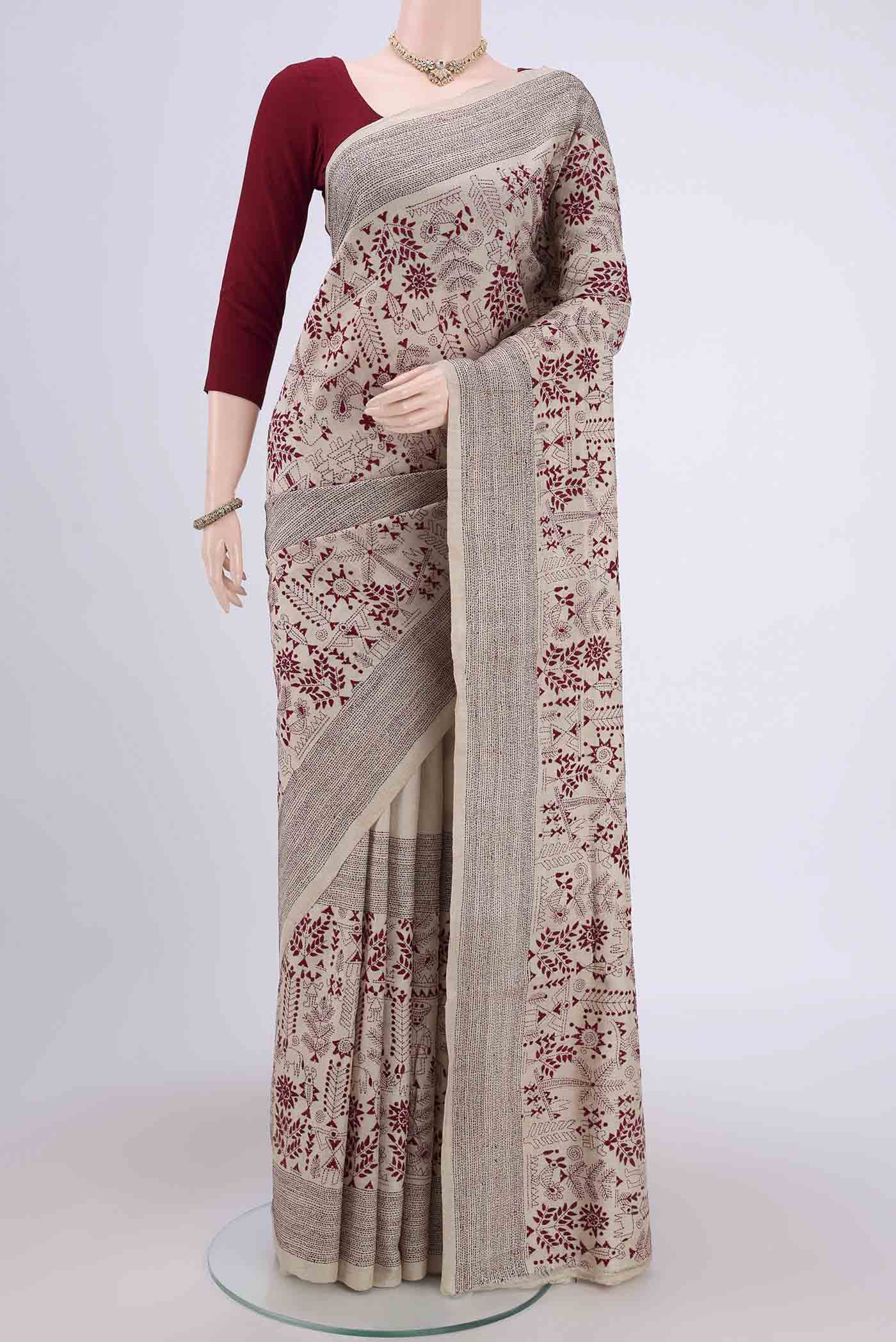 Beige Tussar Silk Saree