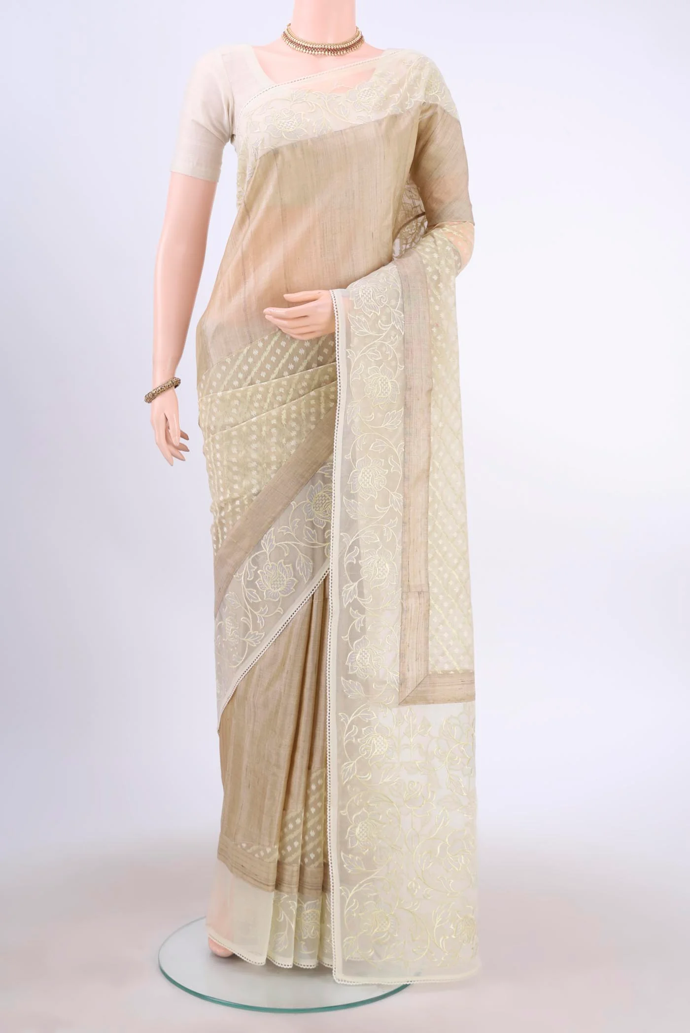 Beige Kora Silk Saree