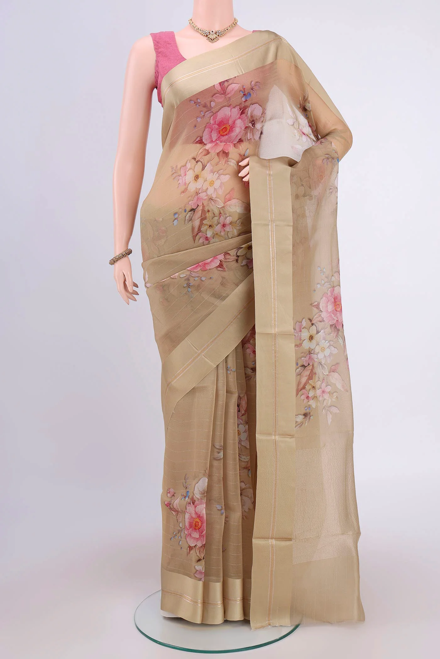 Beige Organza Silk Saree