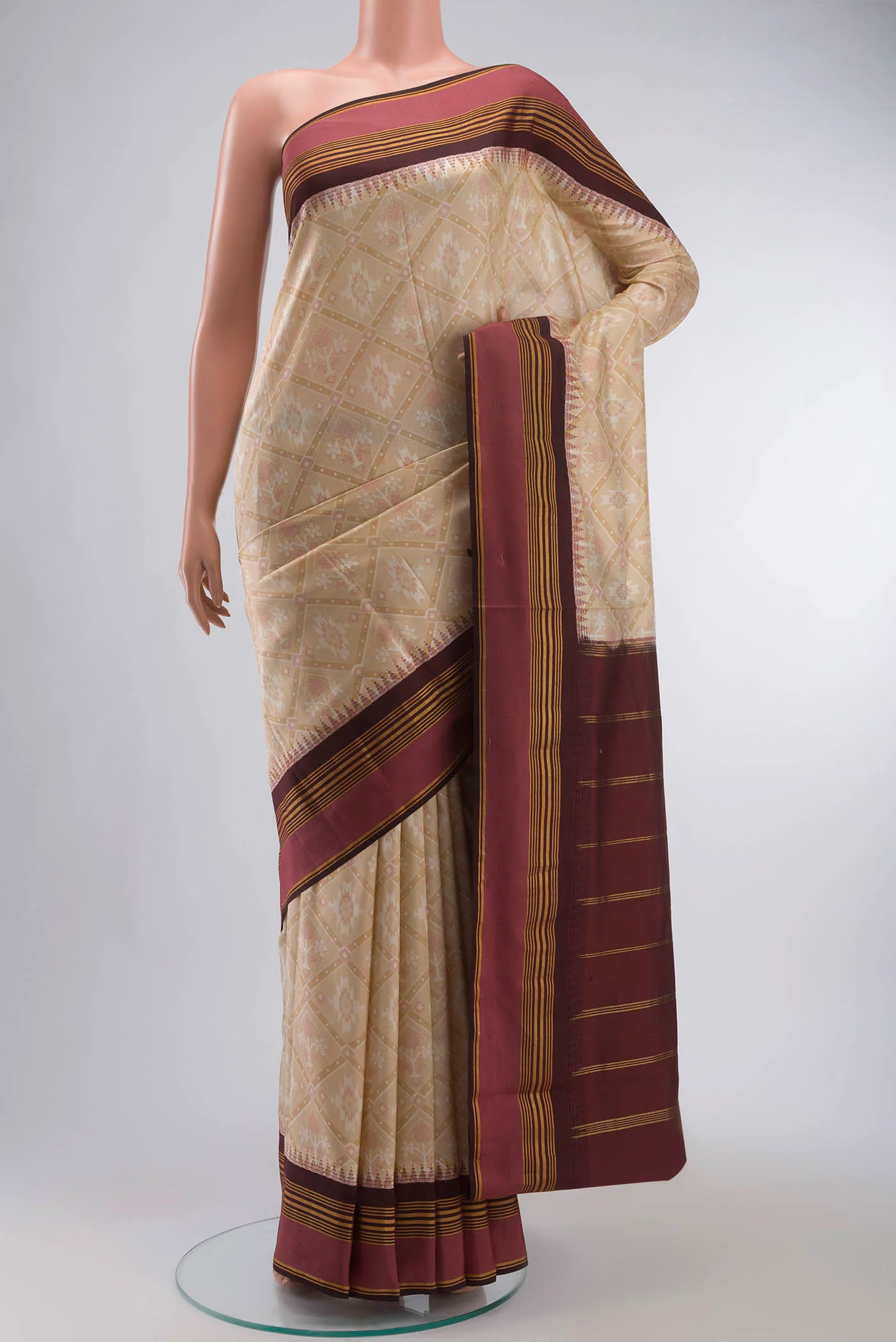 Beige Printed Silk Saree