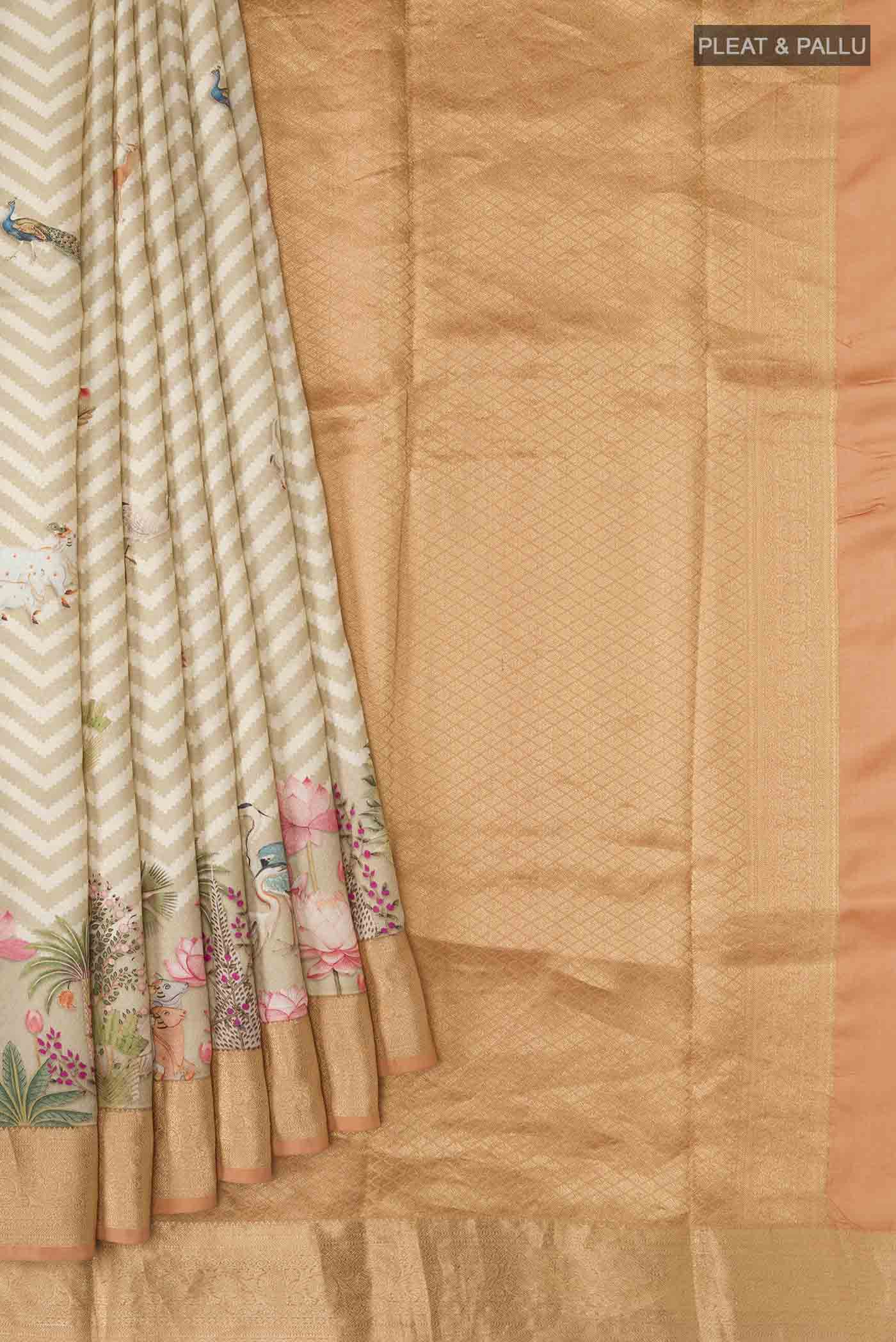 Beige Printed Silk Saree - Image 4