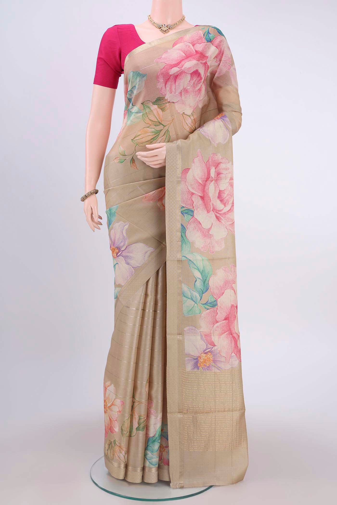 Beige Printed Silk Saree