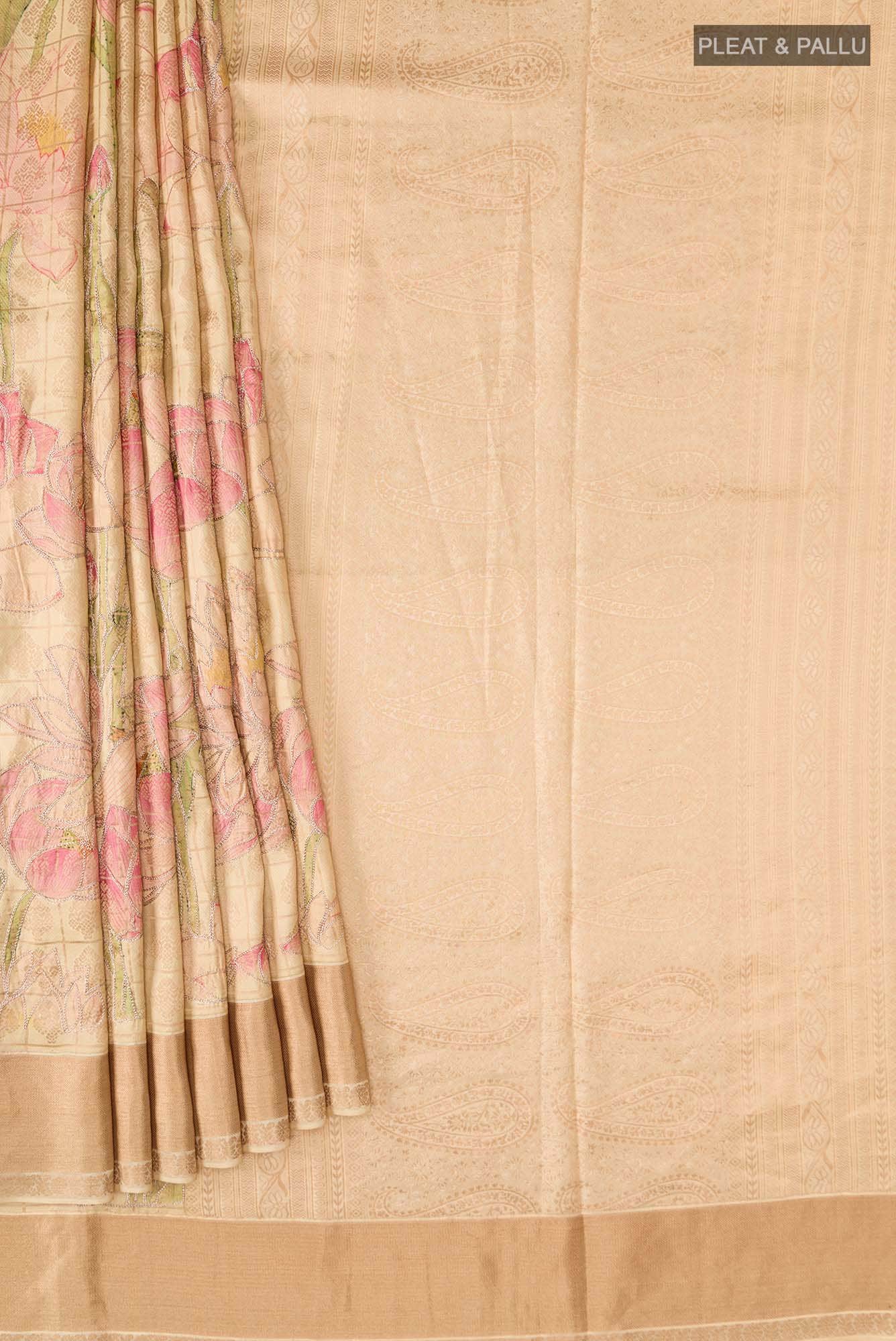 Beige Printed Silk Saree - Image 2