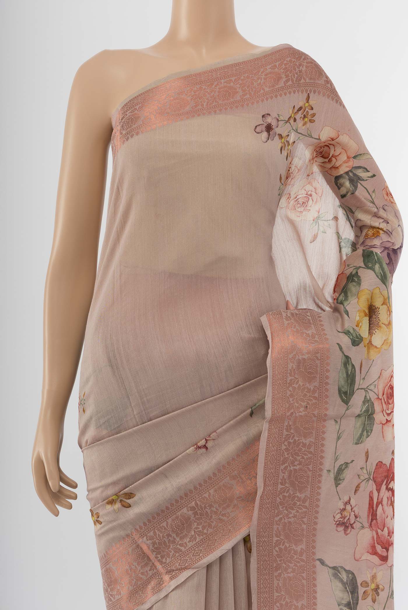 Beige Tussar Silk Saree - Image 2