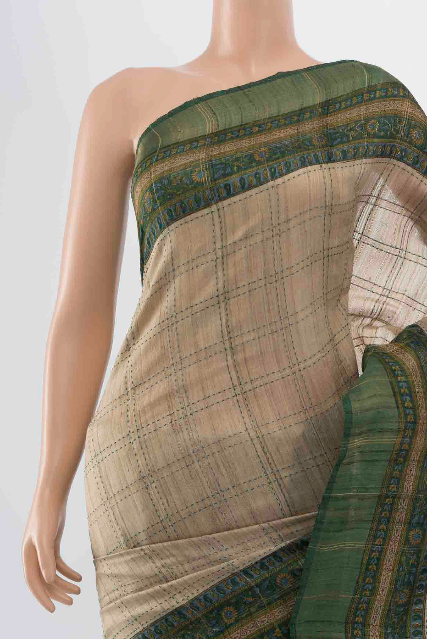 Beige Tussar Silk Saree - Image 2