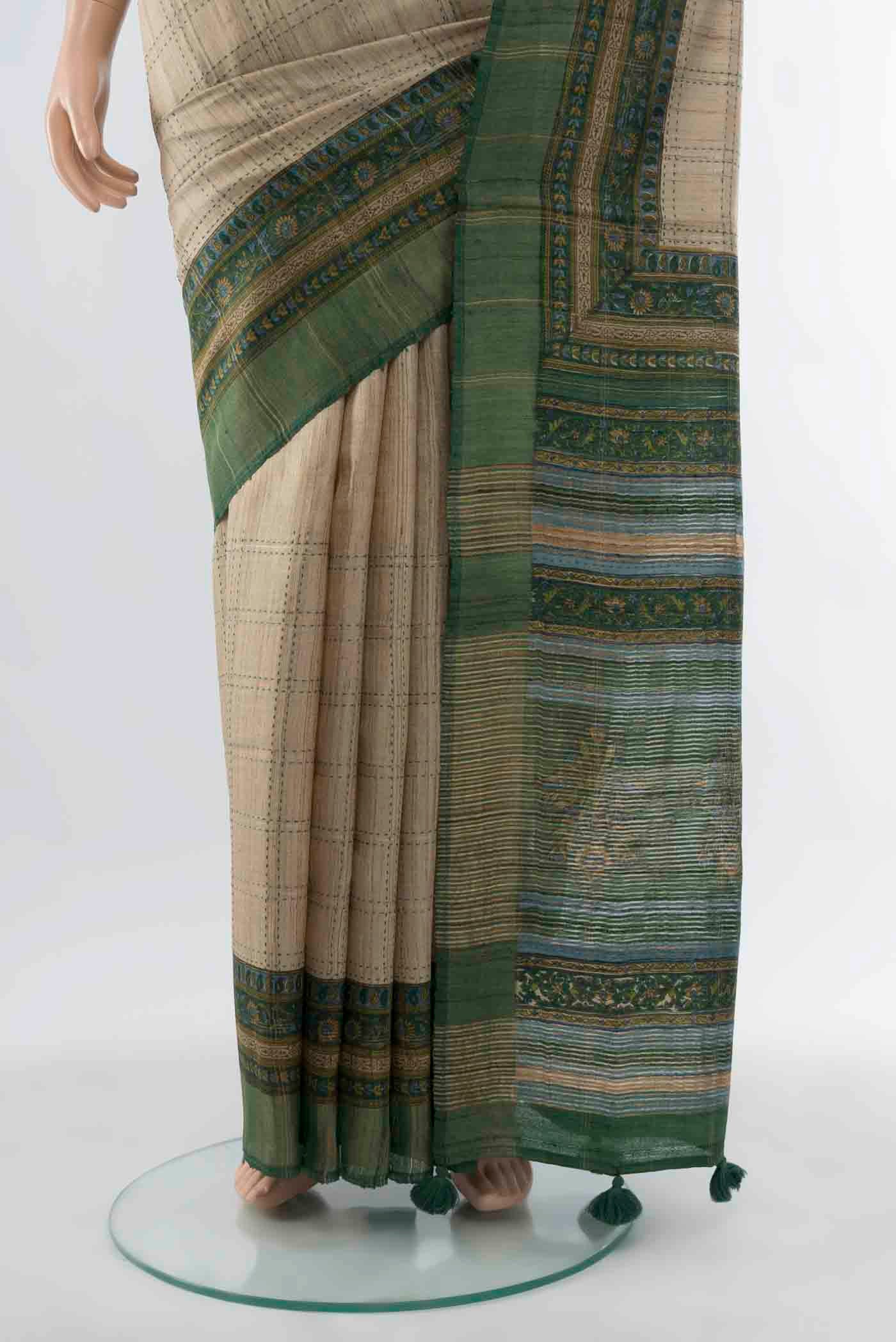 Beige Tussar Silk Saree - Image 3