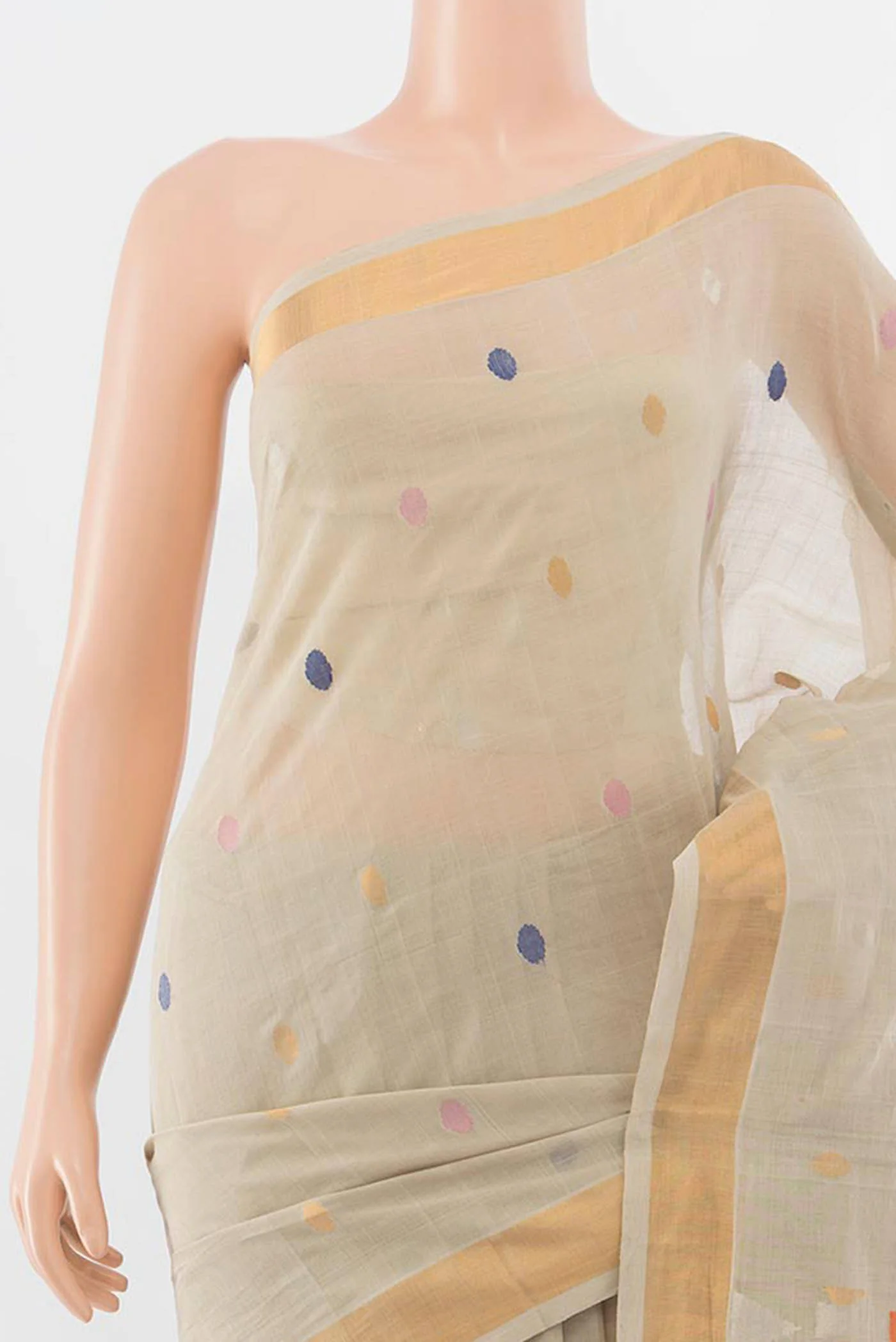 Pure Silk Pure Zari Beige Uppada Cotton Saree - Image 2