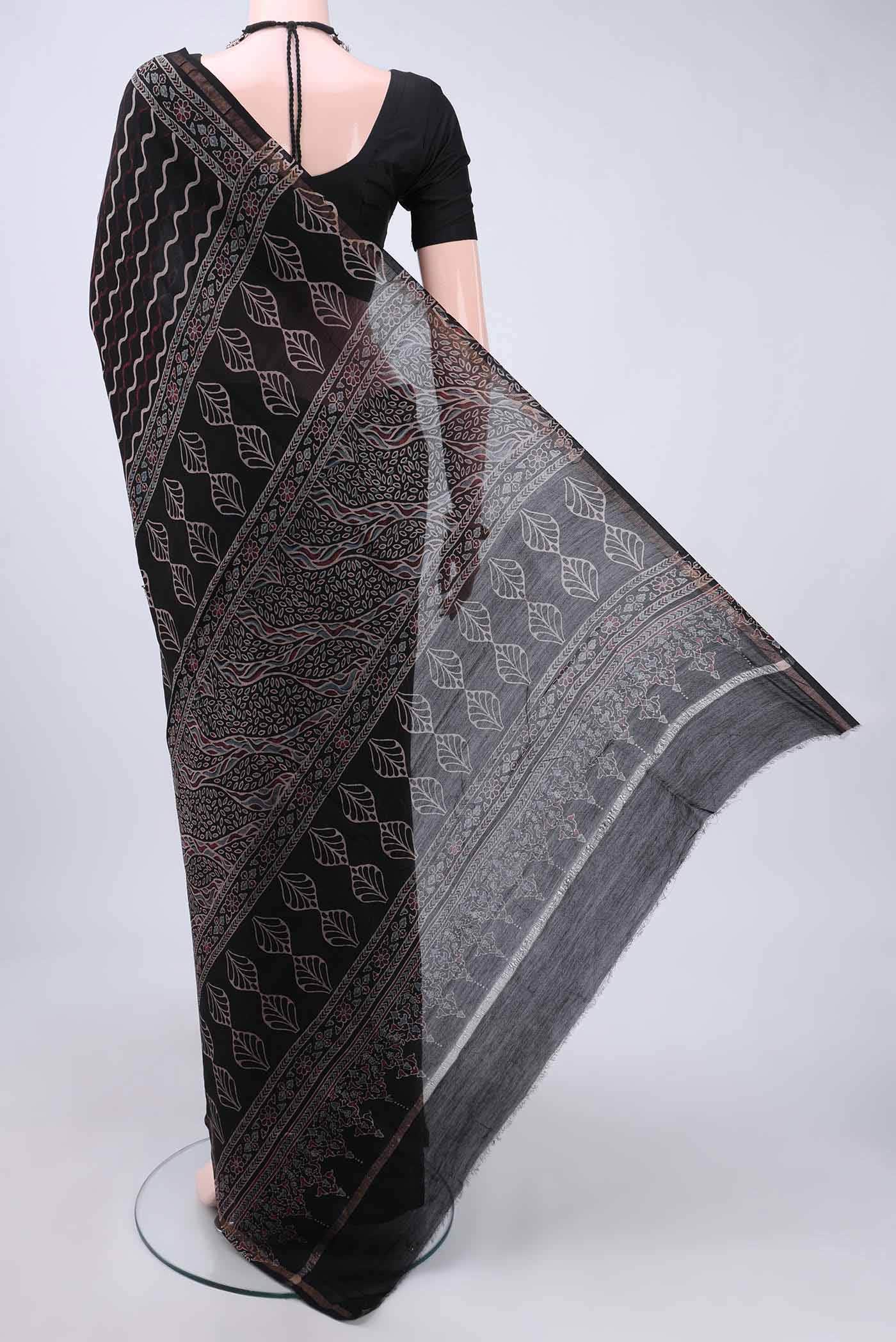 Black Chanderi Silk Cotton Saree - Image 2