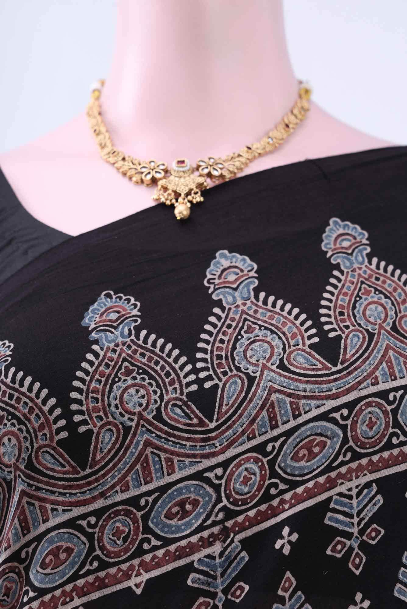 Black Printed Cotton Saree - Image 3