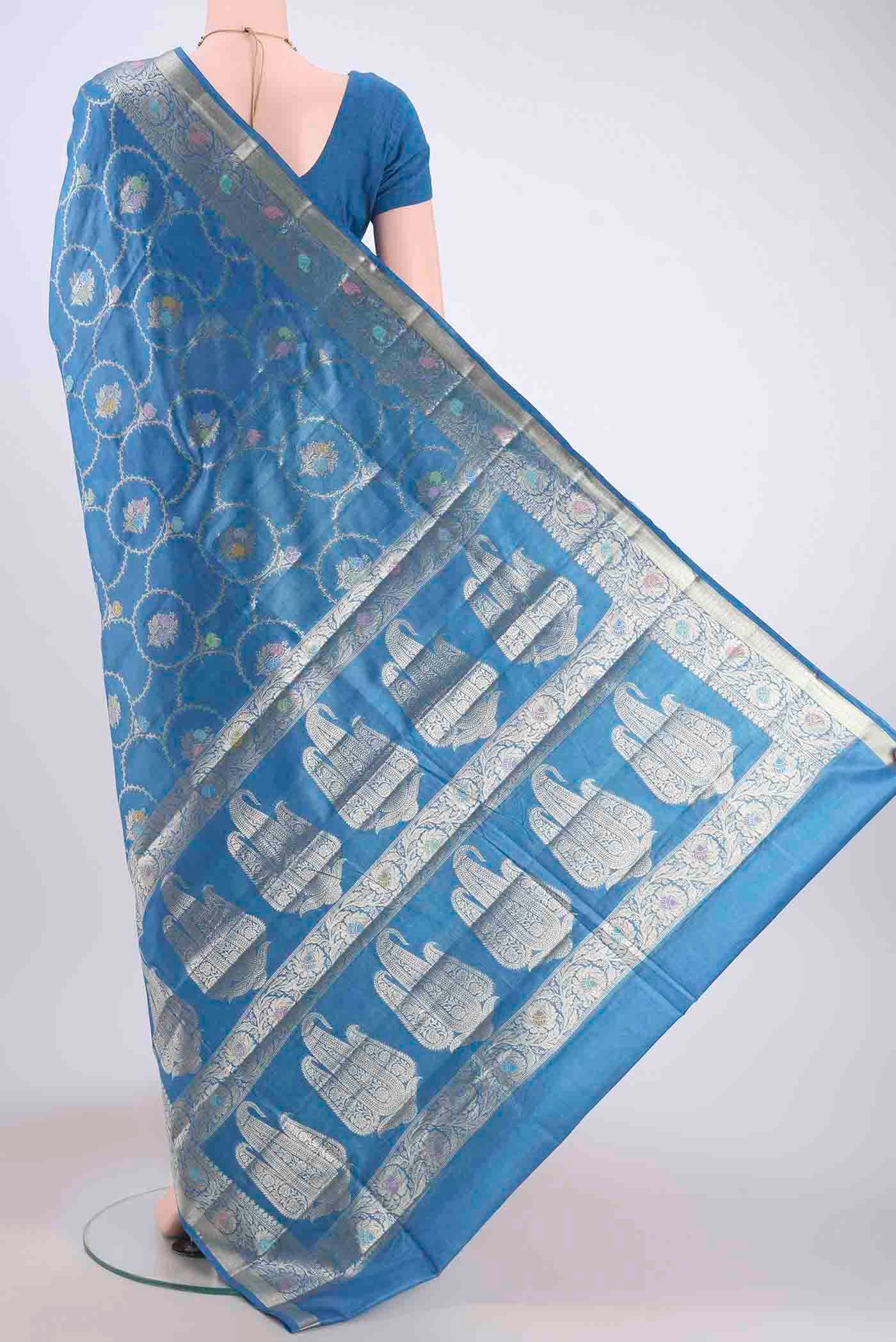 Blue Banarasi Tussar Silk Saree - Image 3
