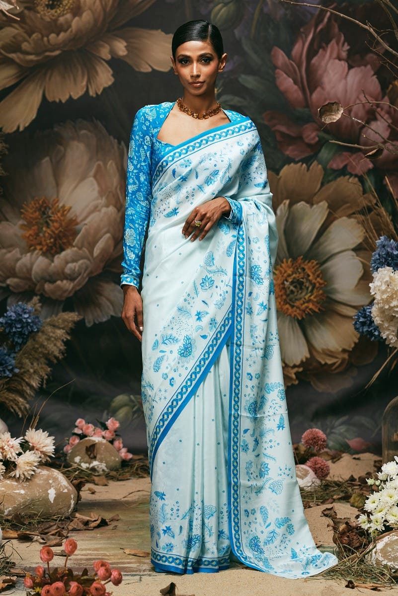 Chandni - Light Blue Floral design saree from Chintz Collection, Designed by Nalli