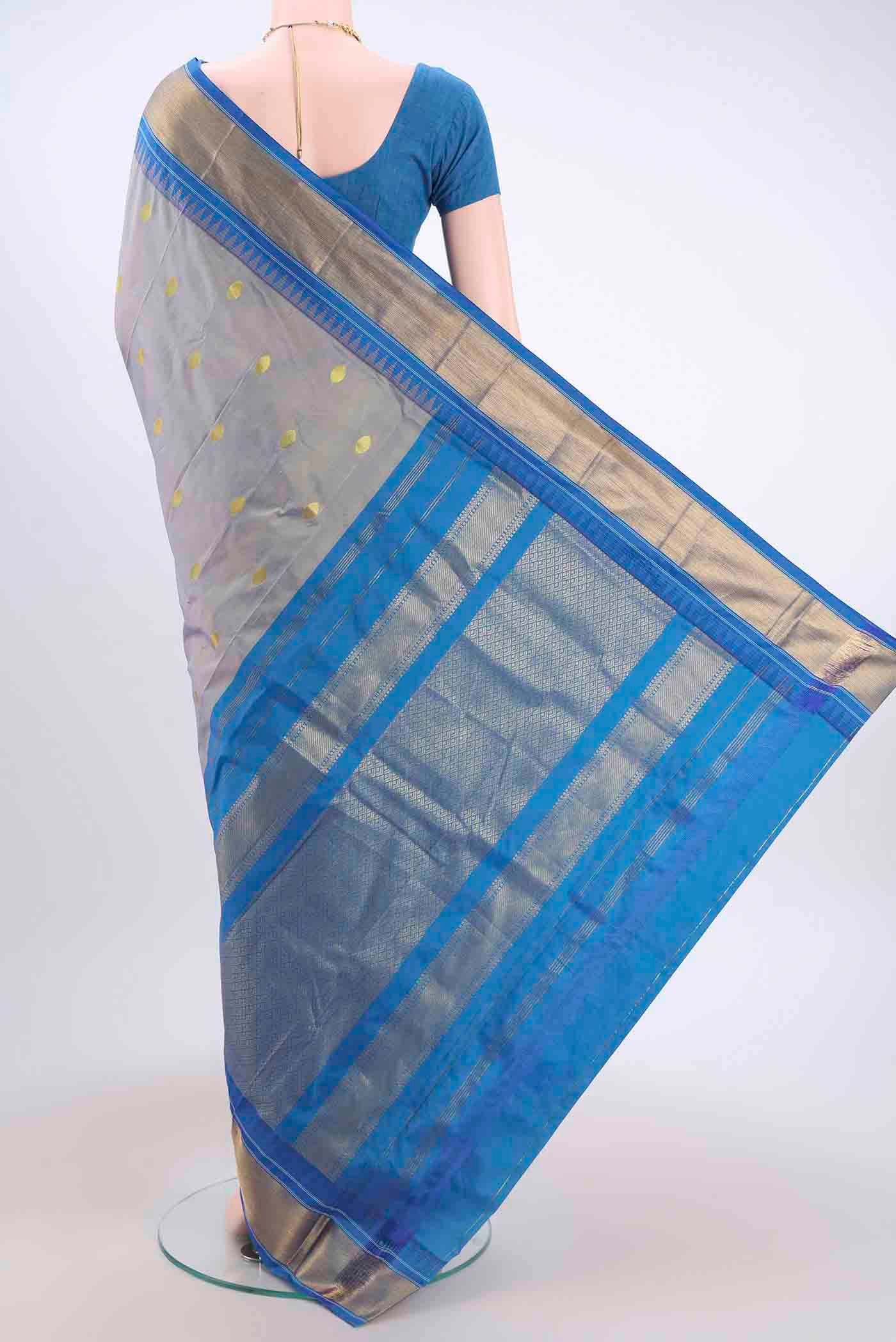 Blue Grey Blended Bangalore Silk Saree - Image 3