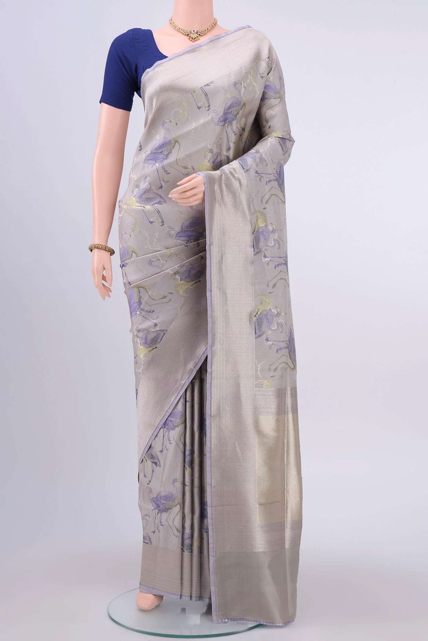 Blue Grey Dual Tone Banarasi Silk Saree