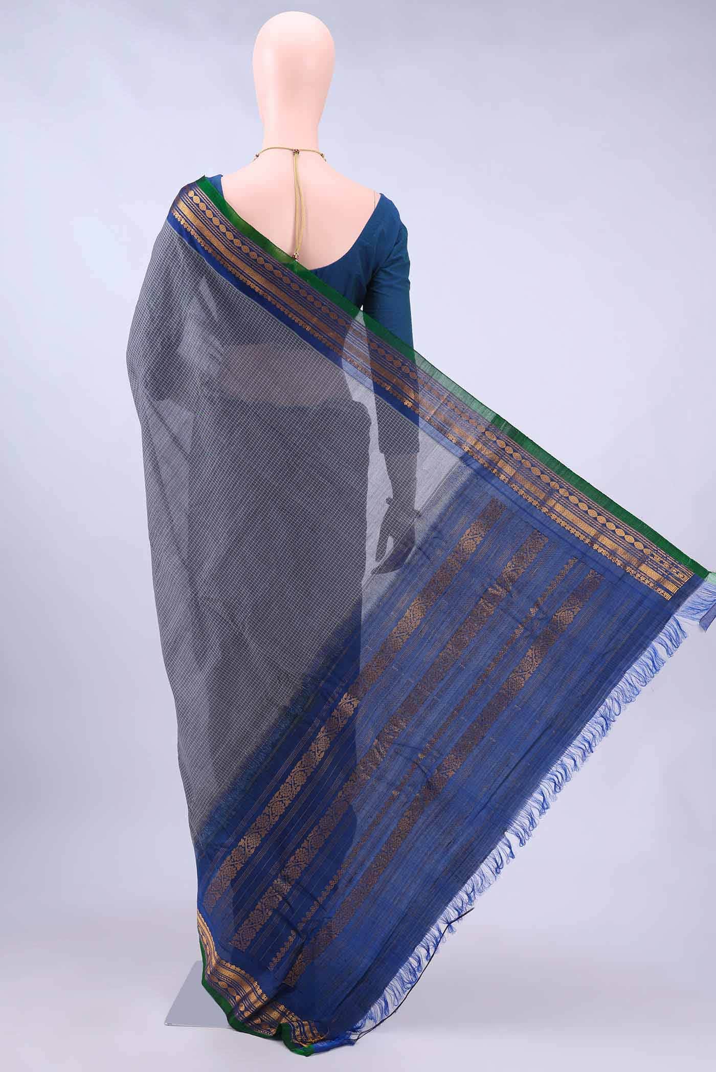Blue Grey Gadwal cotton Saree - Image 2
