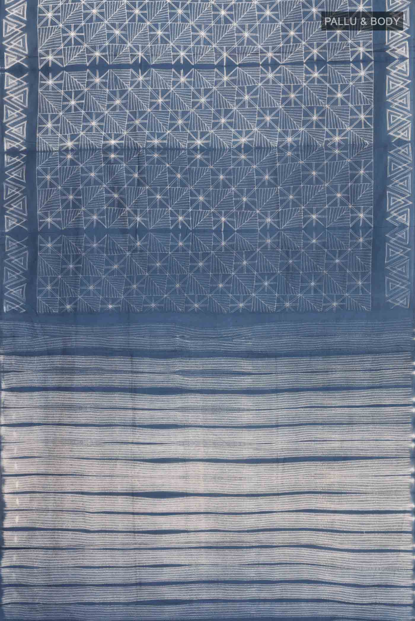 Blue Grey Printed Silk Saree - Image 5