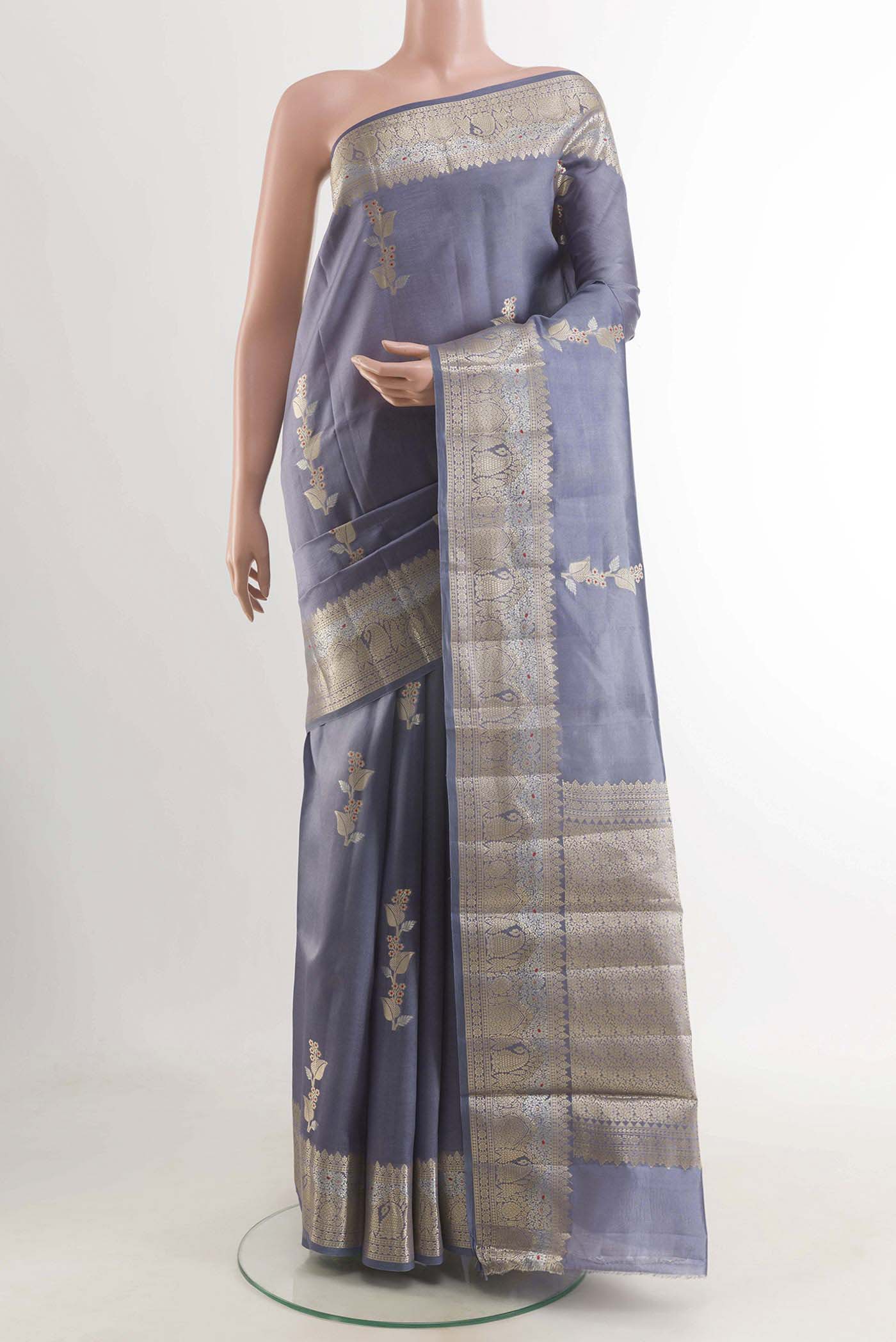 Blue Grey Banarasi Raw Silk Saree