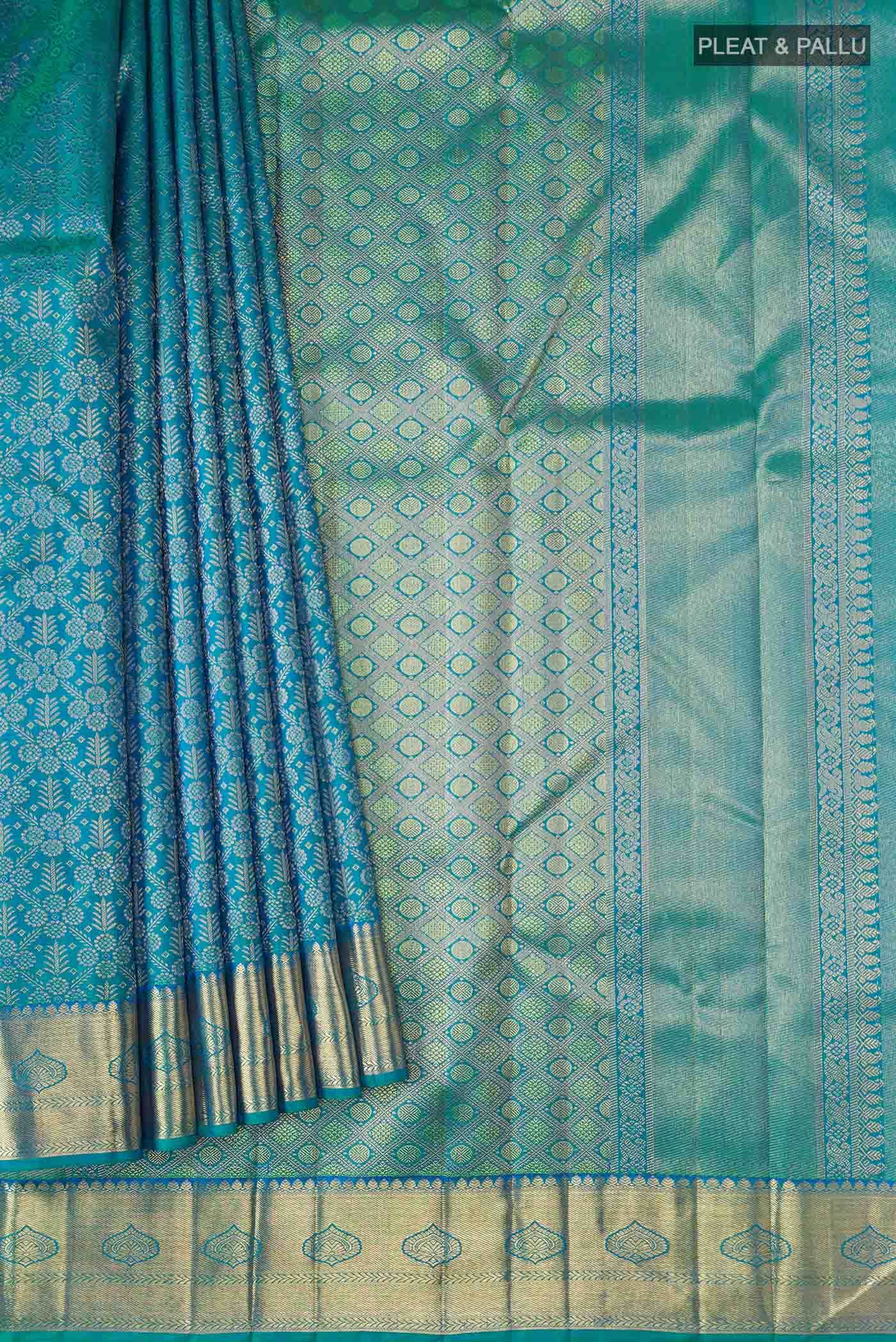 Pure Silk Pure Zari Blue Kanjivaram Saree - Image 2