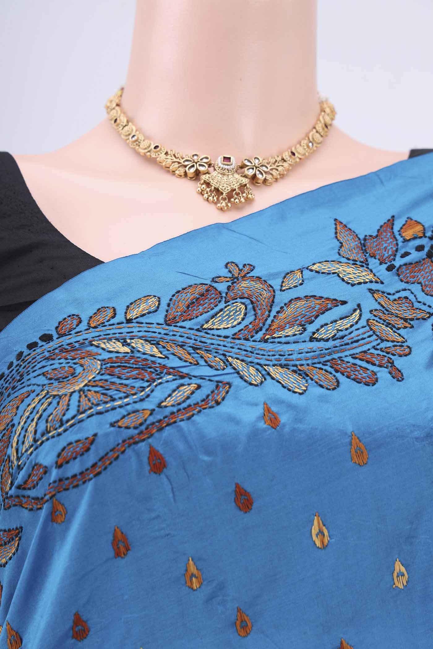 Blue Kantha Silk Saree - Image 2