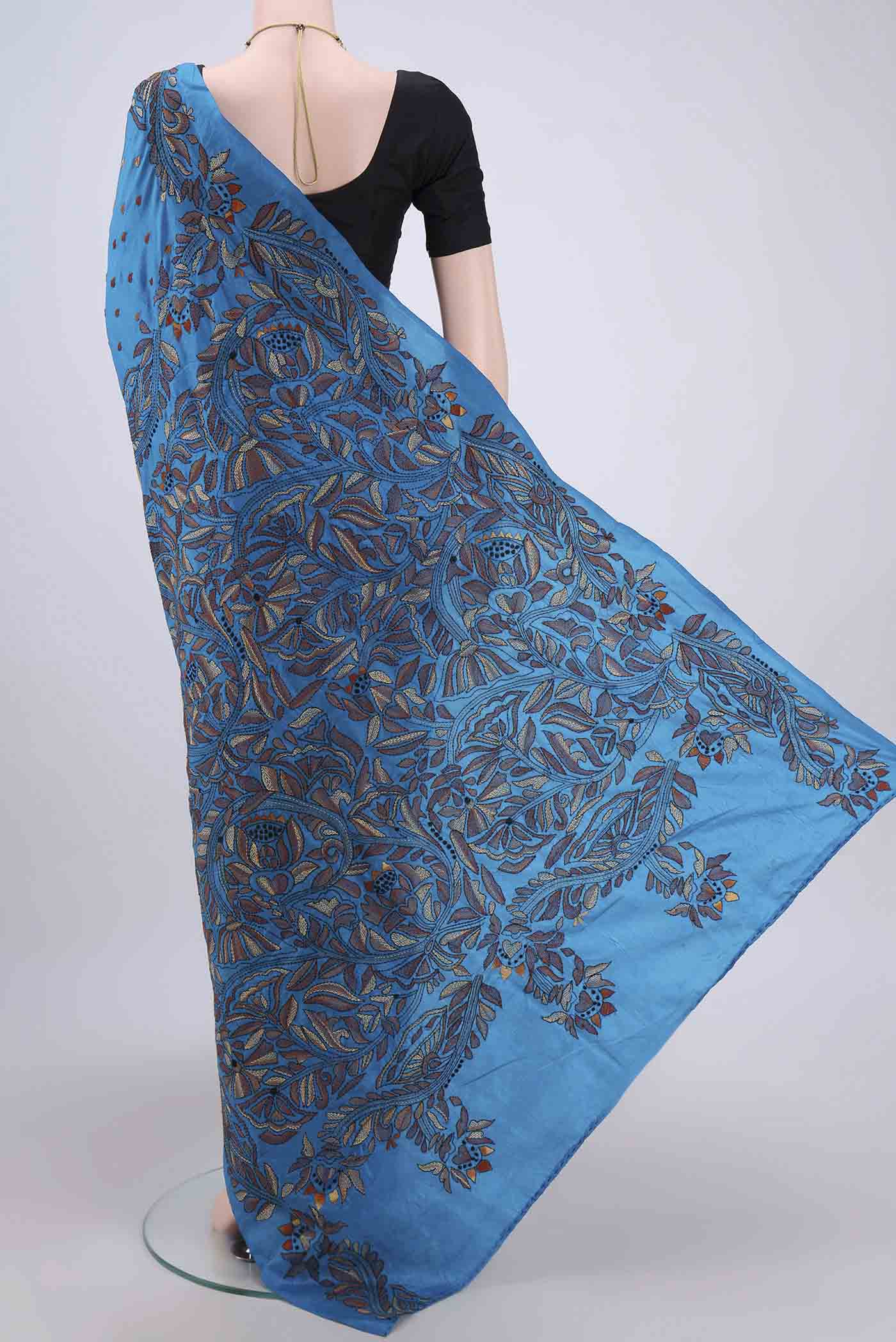 Blue Kantha Silk Saree - Image 3