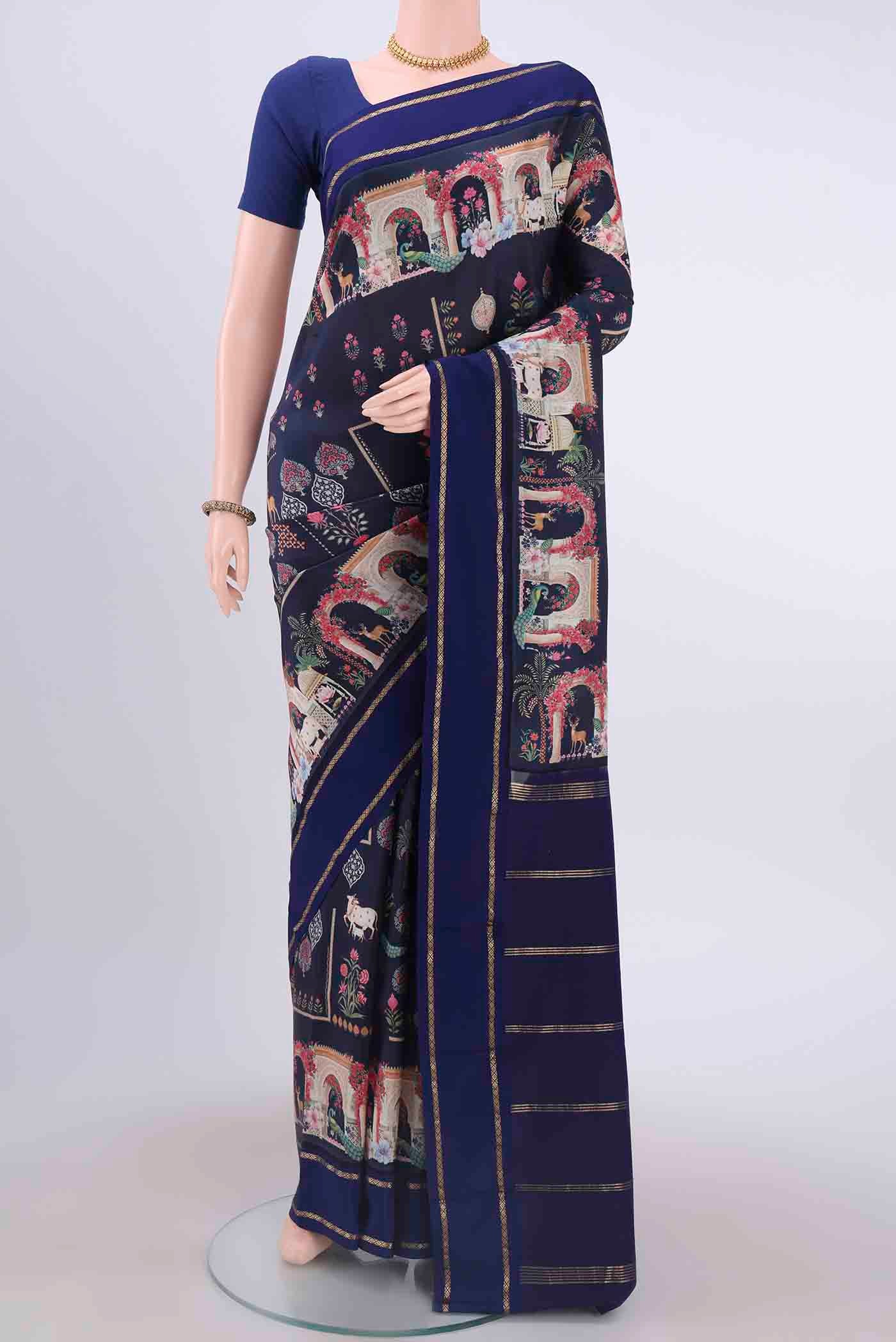 Blue Mysore Crepe Saree