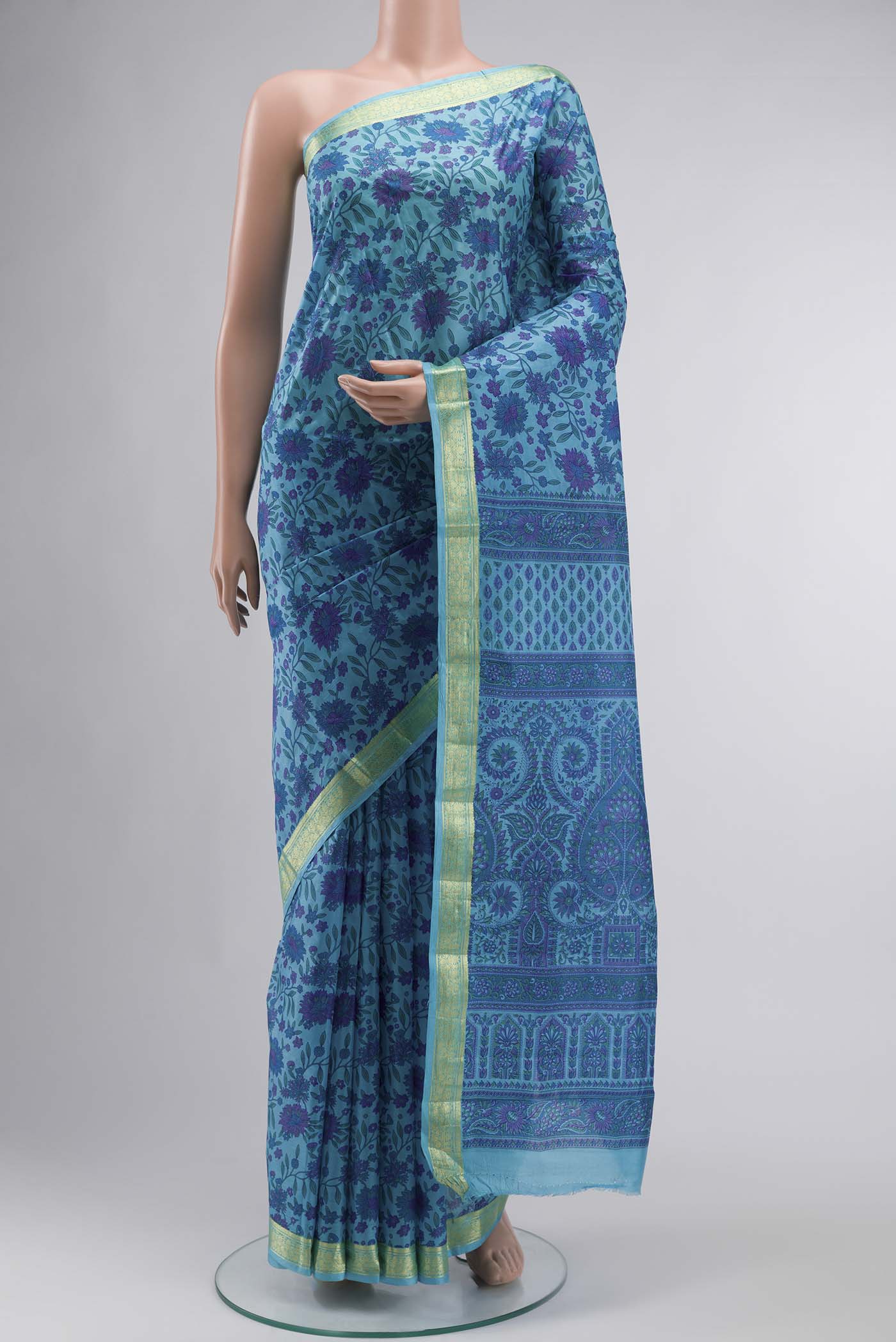 Blue Printed Silk Saree