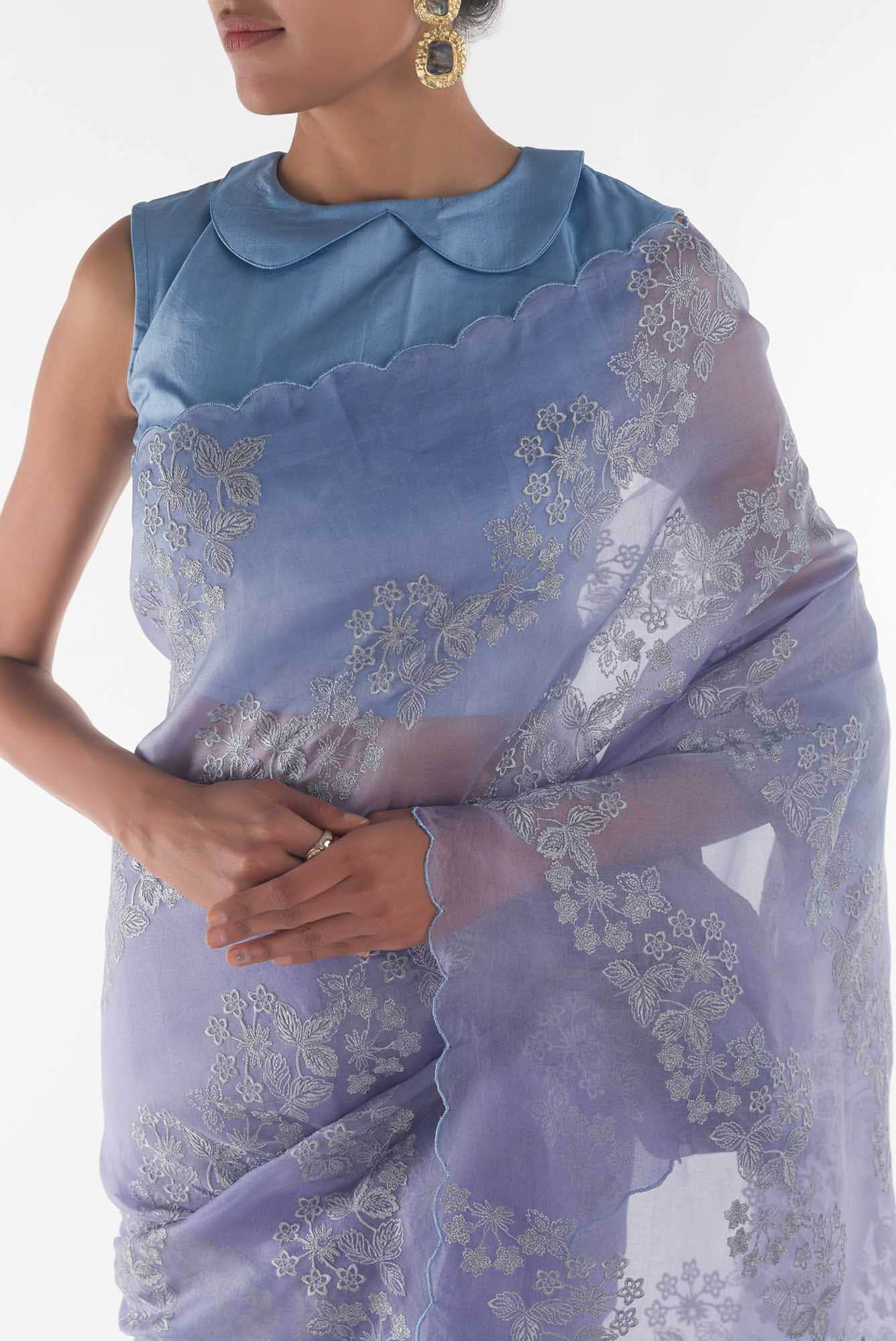 Bella Blue floral design saree from Embroidered Romance Collection by Nalli - Image 2