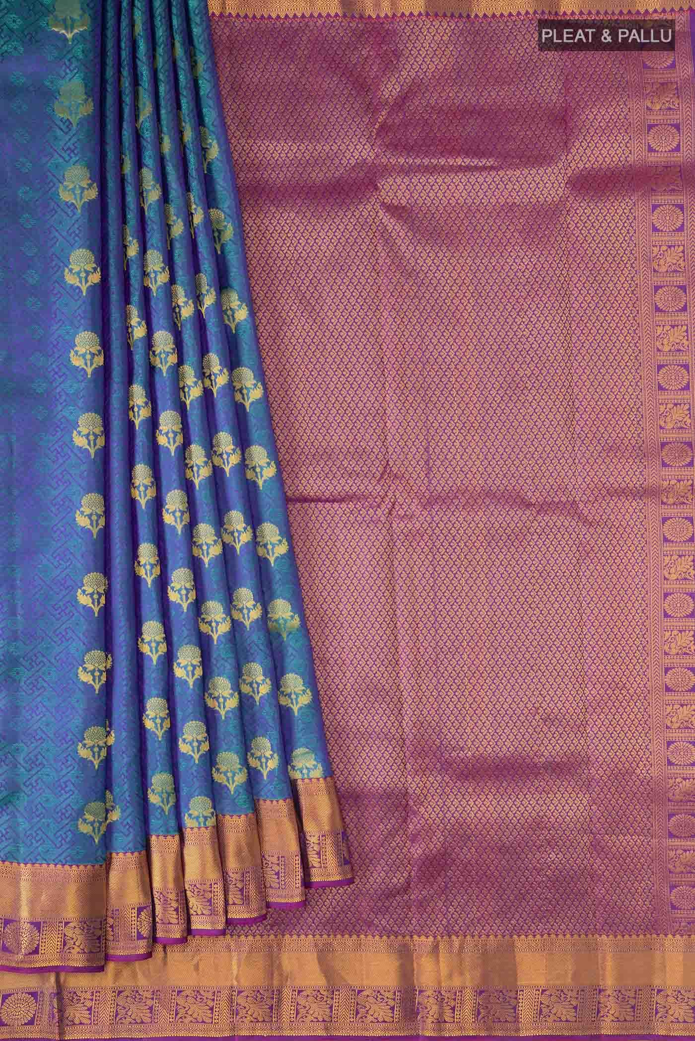 Blue with Green Dual Tone Kanchipuram Silk Saree - Image 2