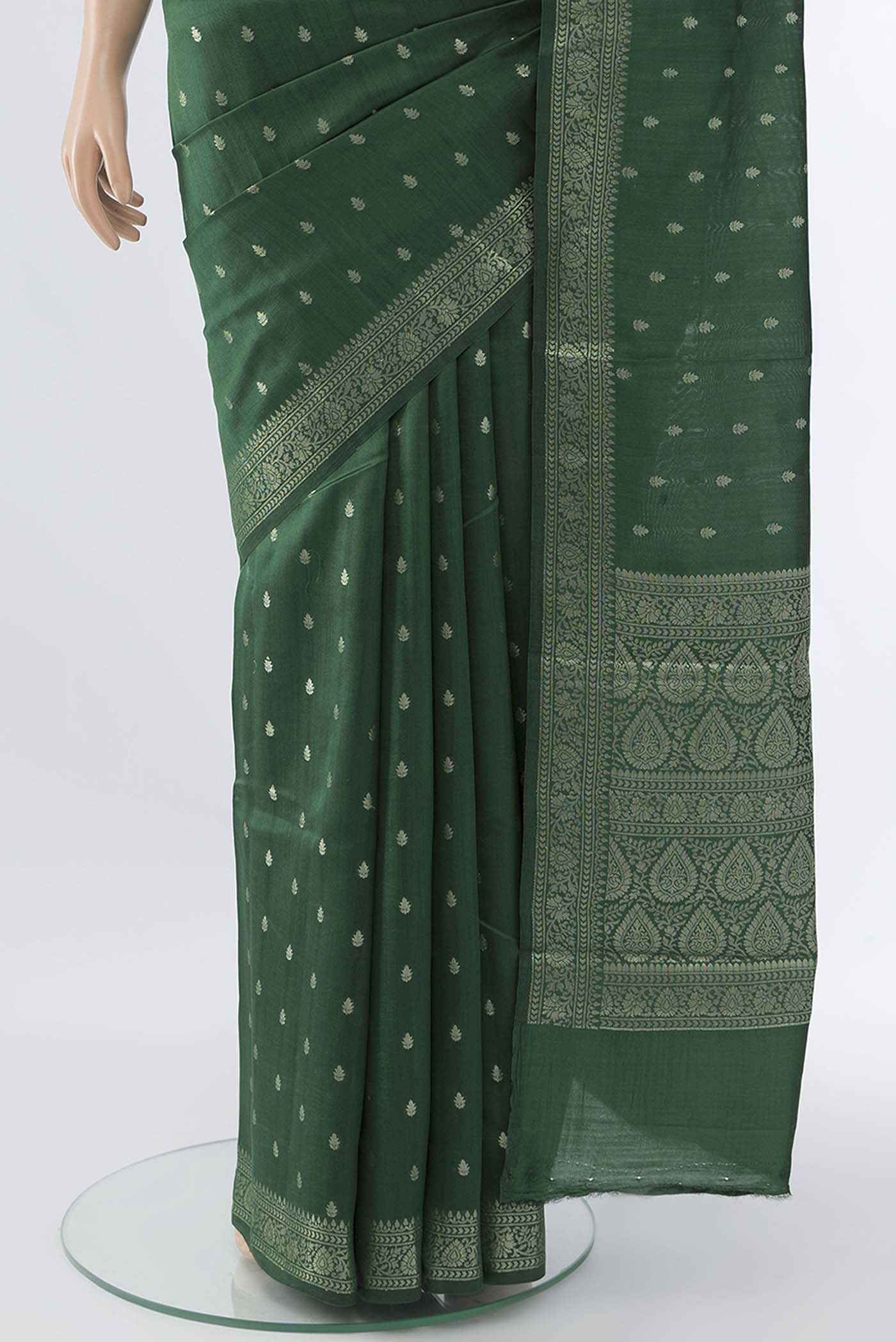Bottle Green Banarasi Raw Silk Saree - Image 3