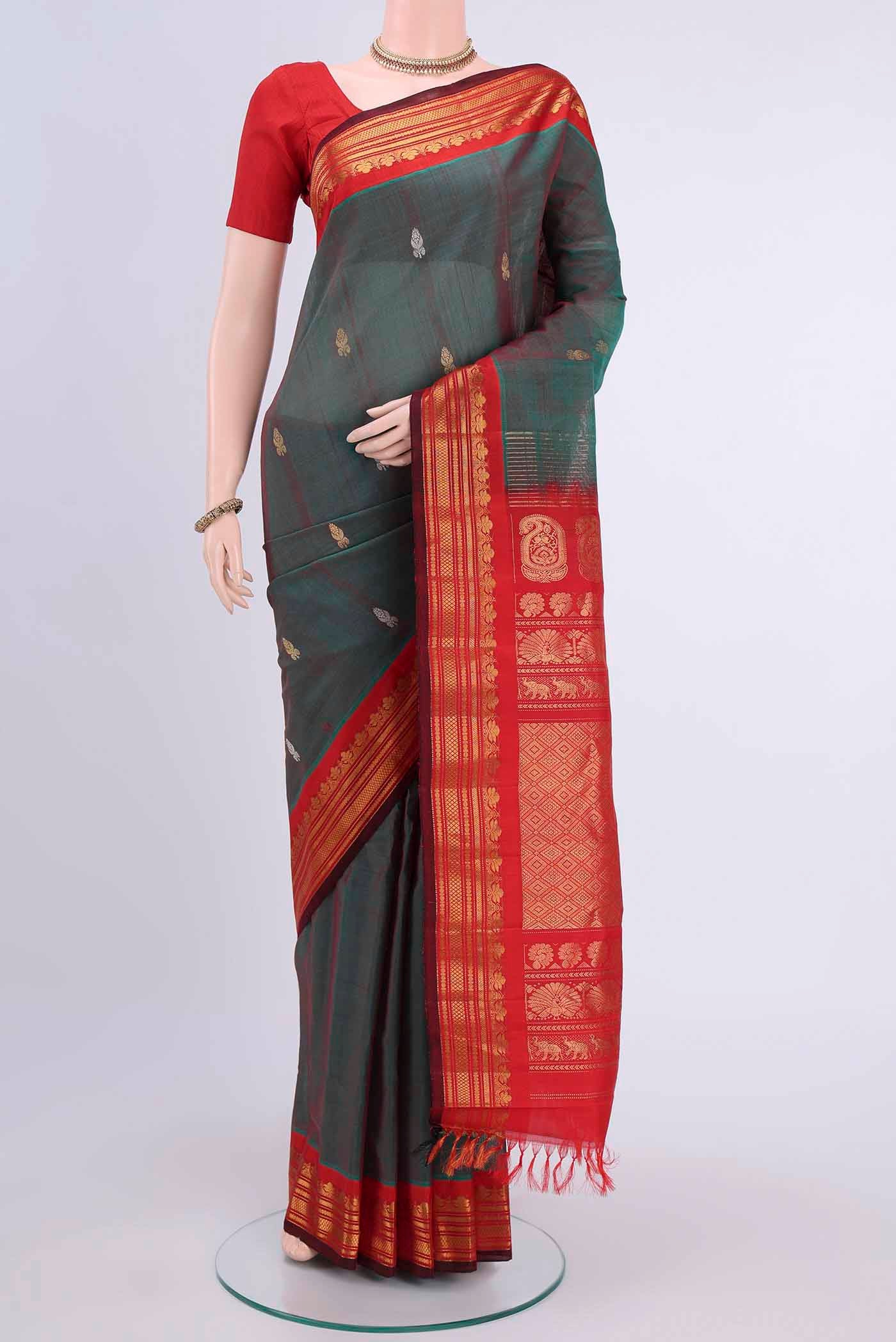 Green with Red Color Gadwal Silk Cotton Saree