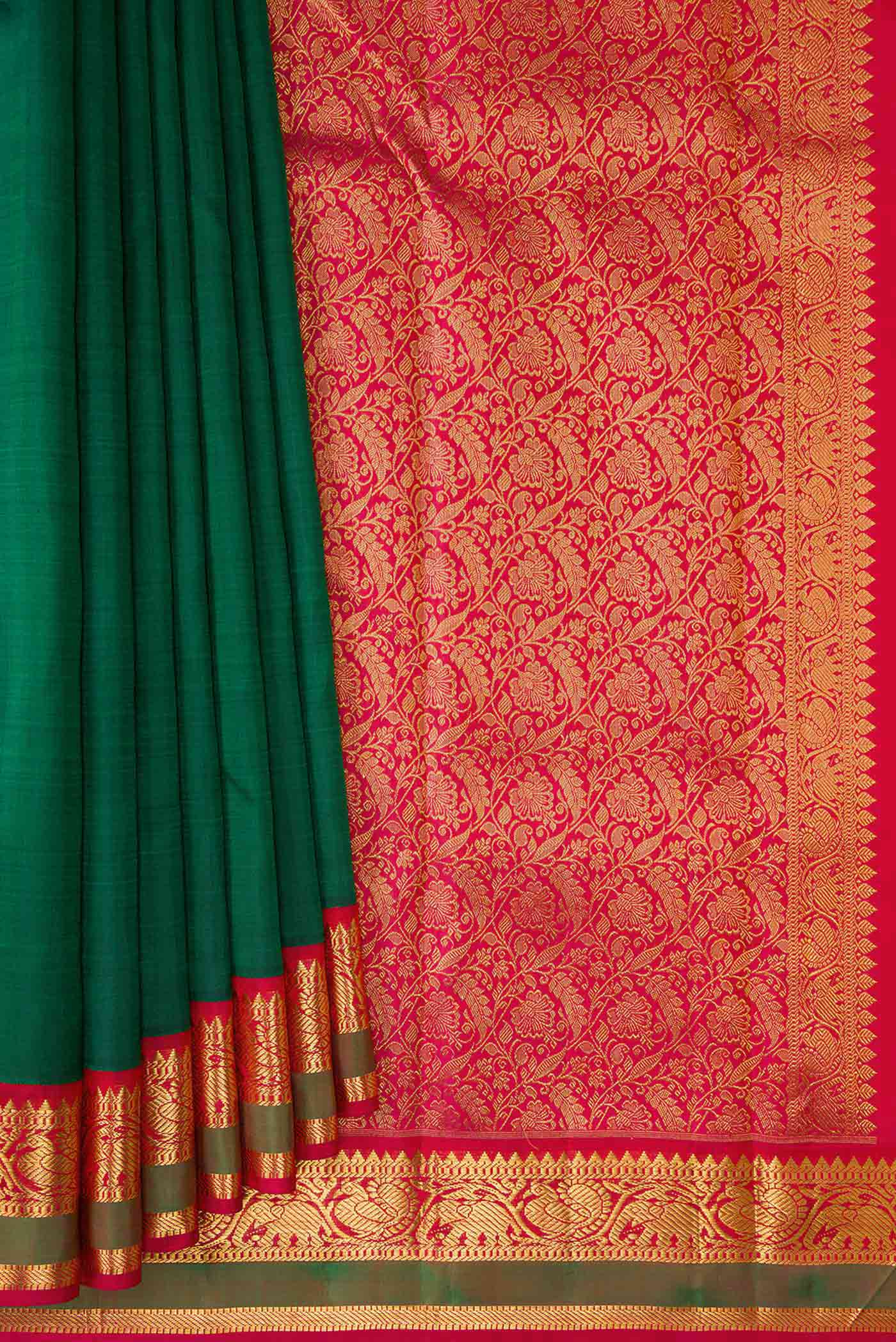 Pure Silk Pure Zari Bottle Green Kanjivaram Saree - Image 4