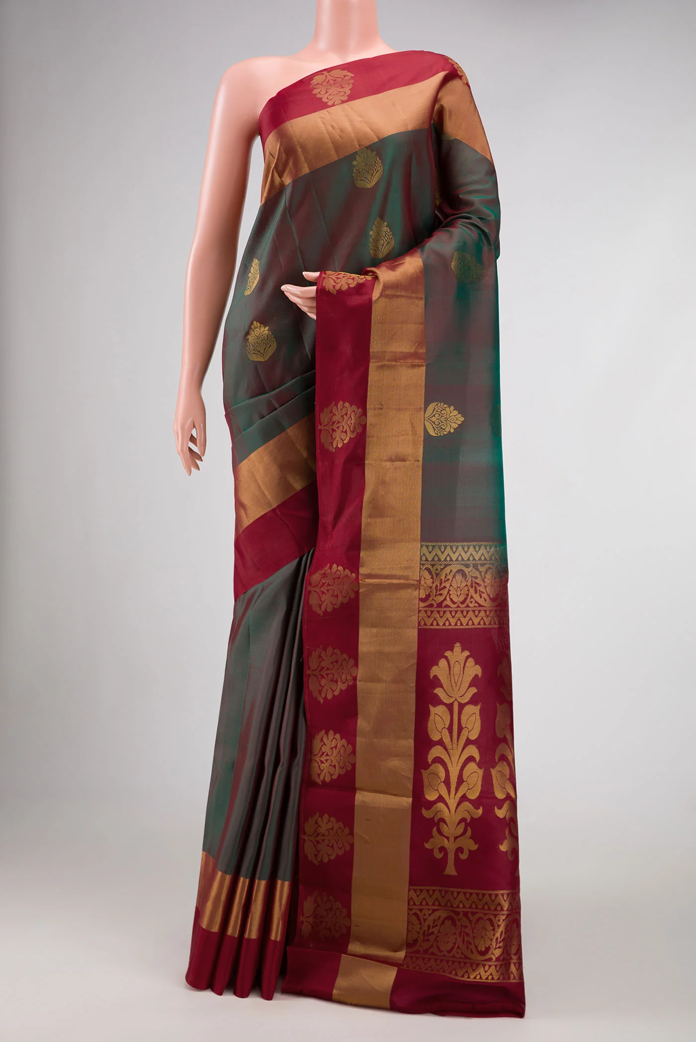 Green with Maroon Color Soft Silk Saree