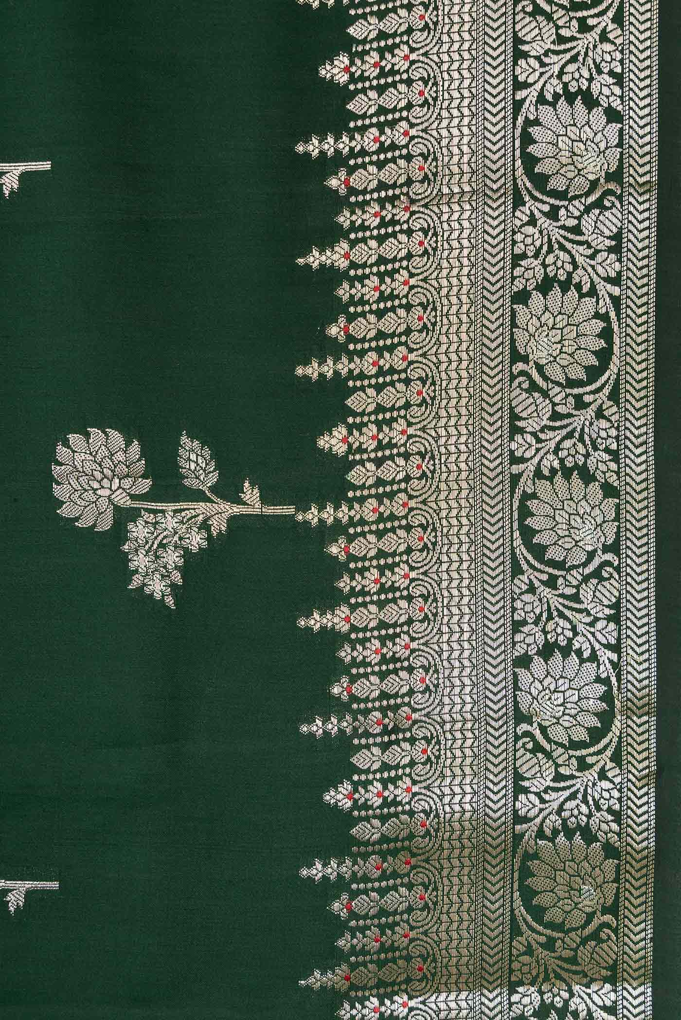 Bottle Green Banarasi Raw Silk Saree - Image 3