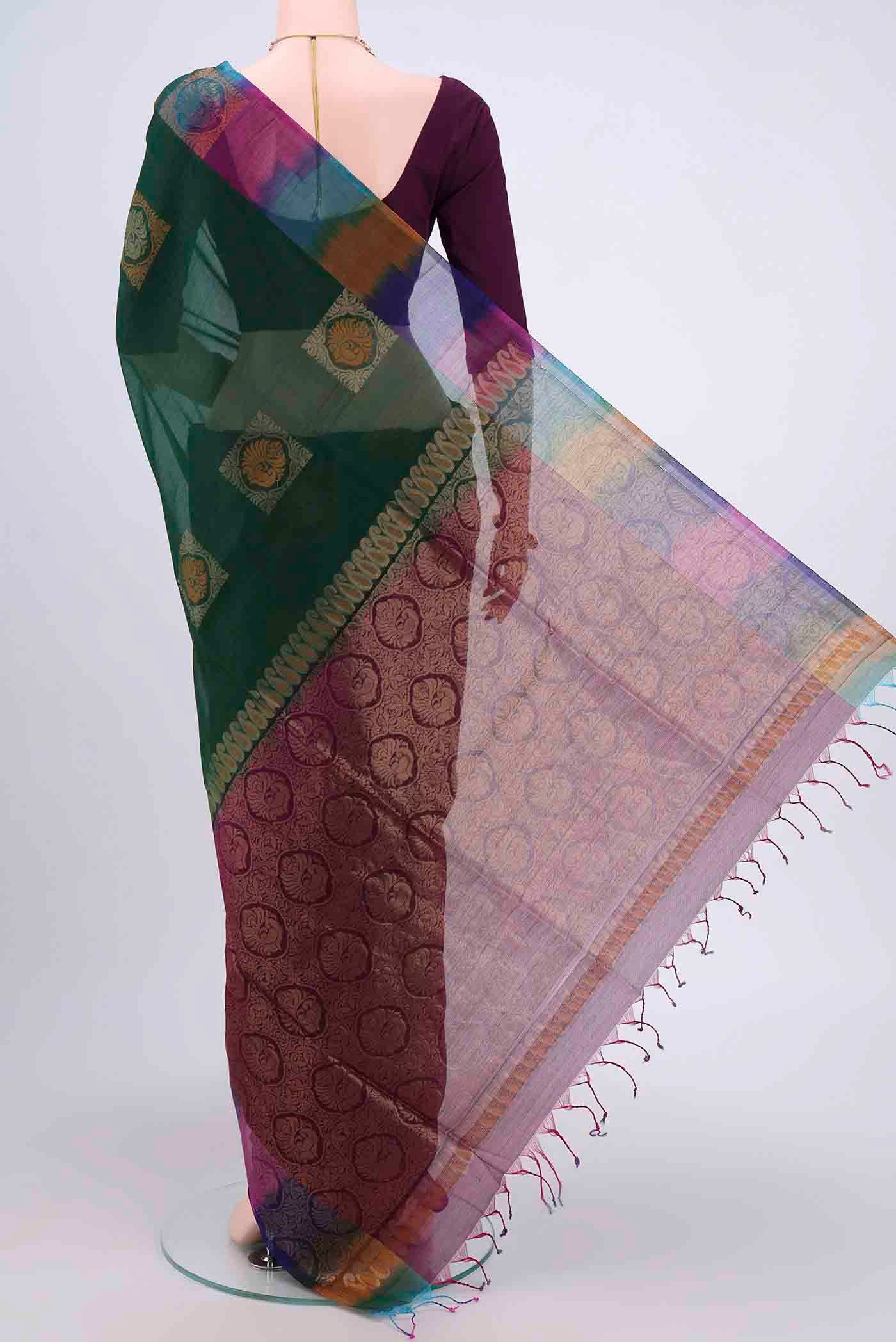 Bottle Green Silk Cotton Saree - Image 3