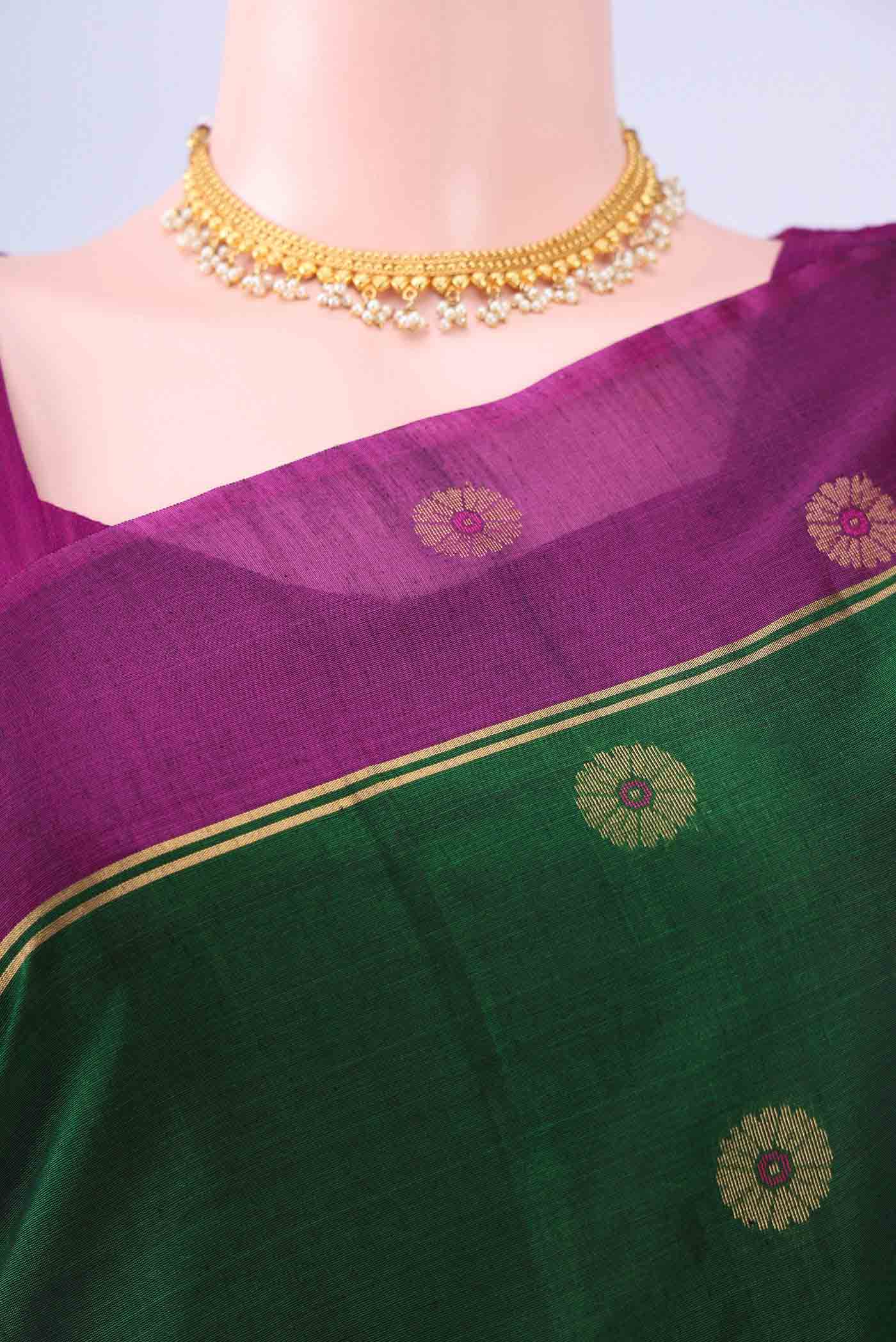 Bottle Green Kora Cotton Saree - Image 2