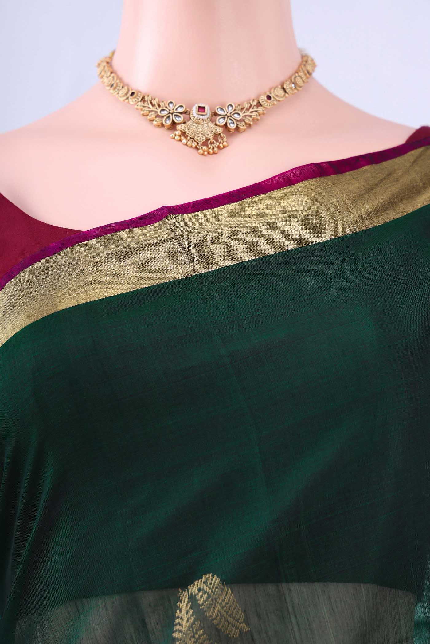Bottle Green Kora Cotton Saree - Image 2