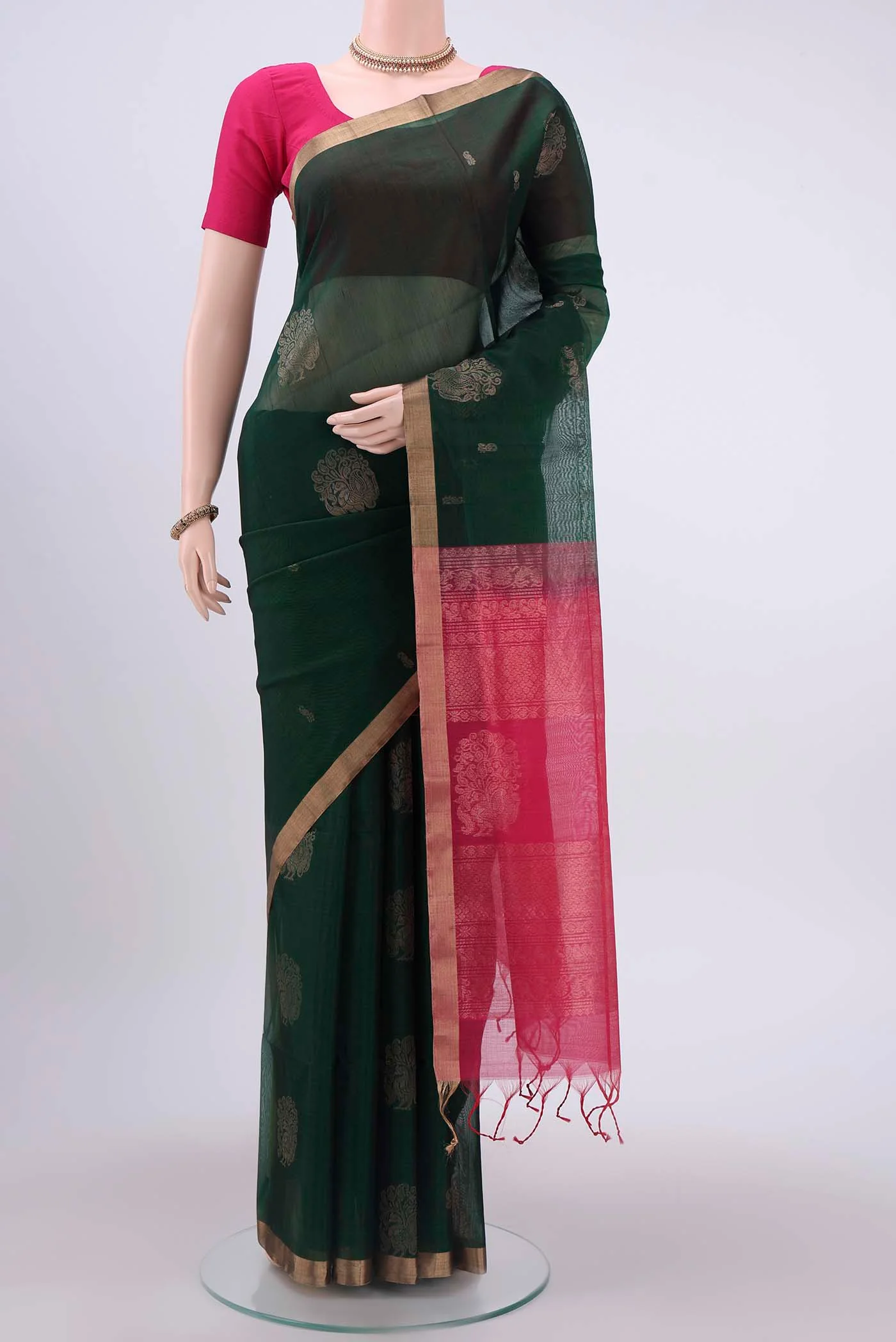 Bottle Green Kora Cotton Saree