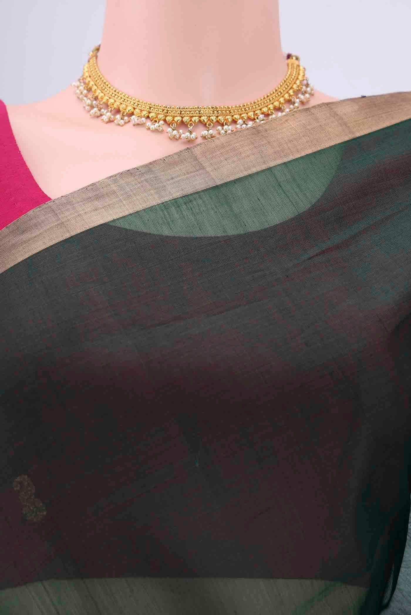 Bottle Green Kora Cotton Saree - Image 2