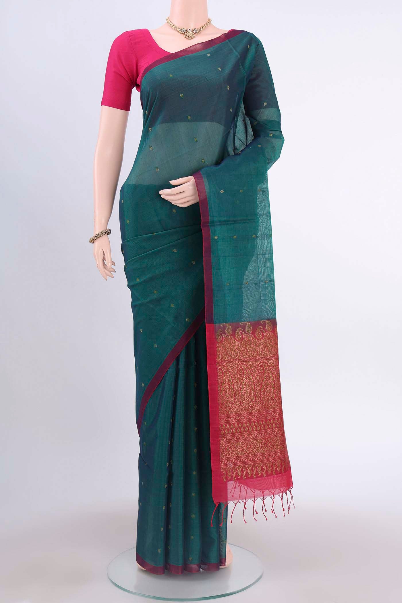 Bottle Green Kora Cotton Saree
